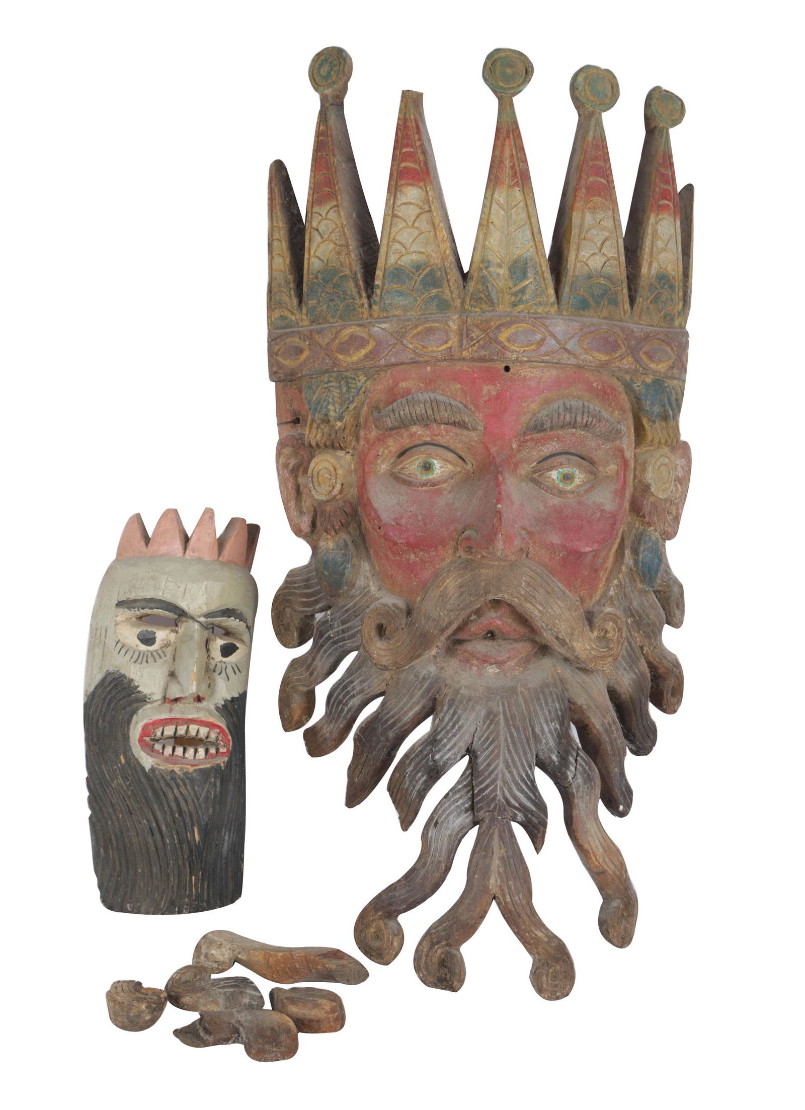 TWO PAINTED CARVED WOOD MASKS (1 of 10)