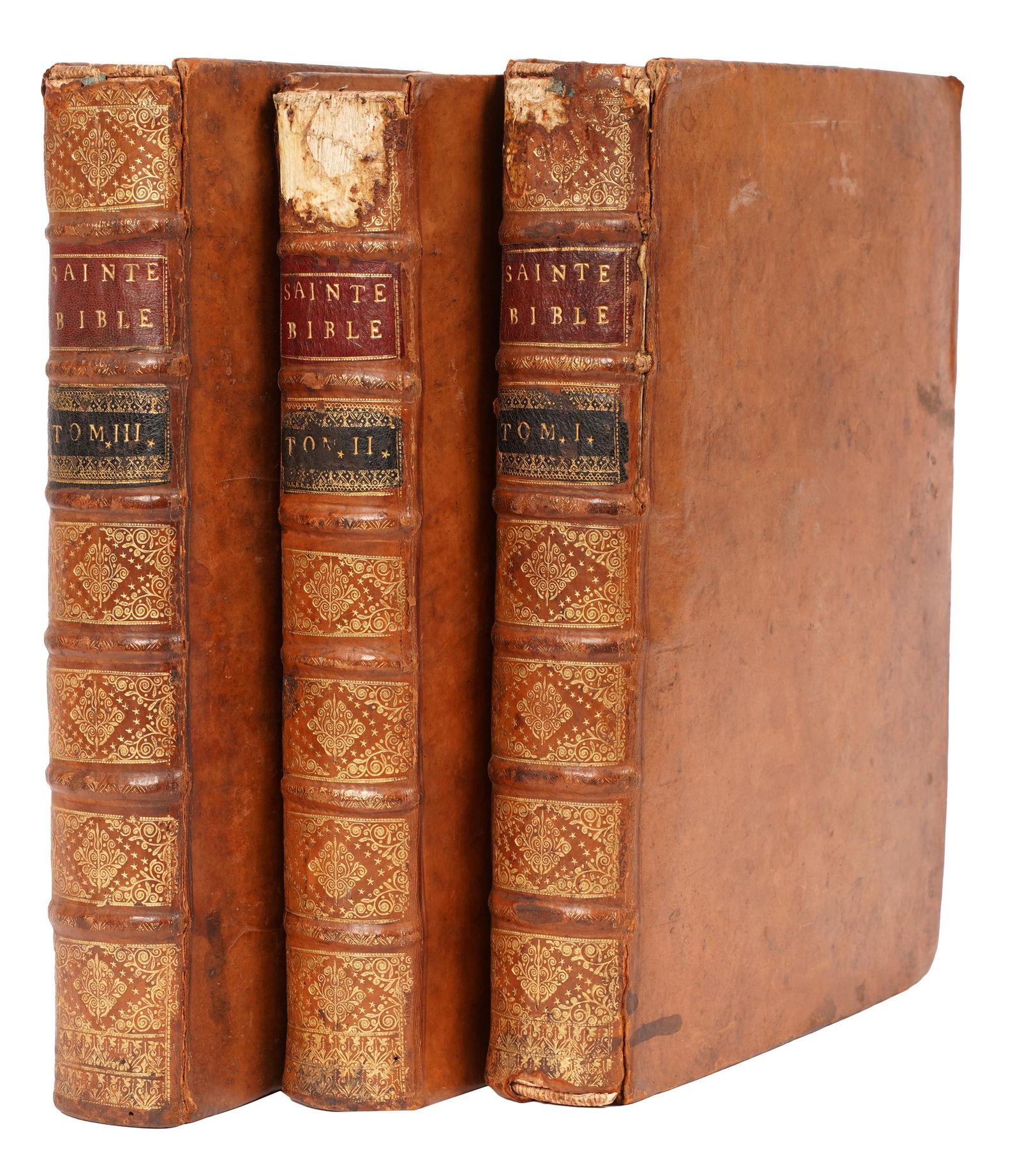THREE ANTIQUE LEATHER-BOUND VOLUMES: THE BIBLE (1 of 14)