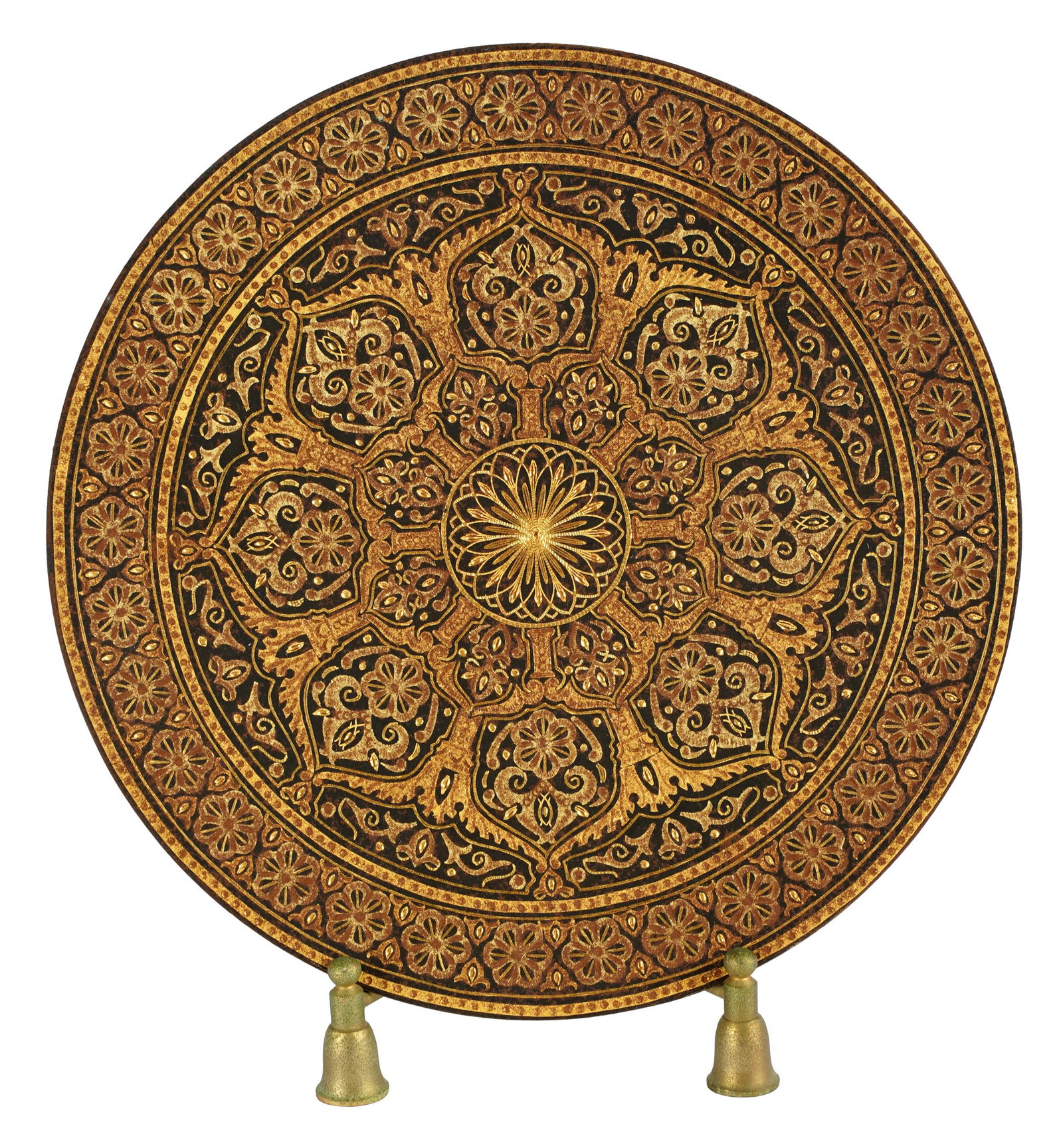MOORISH GILT & ENAMELED METAL PLATE: unmarked; with stand; 6 1/4 inches diameter