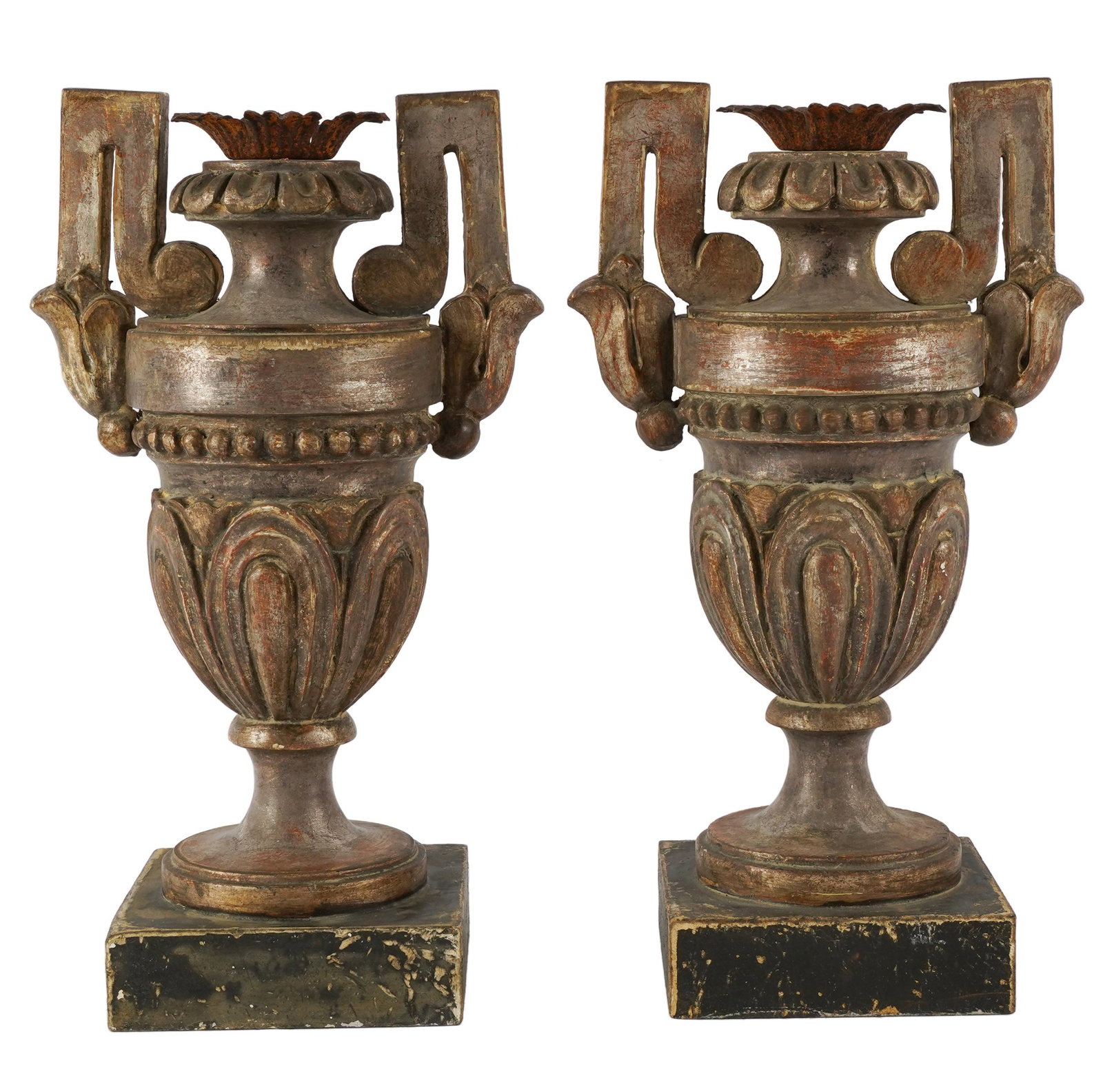 PAIR BAROQUE-STYLE GILTWOOD WALL SCONCES & URNS: the urns drilled and ready to be mounted for use as table lamps (9 inches wide; 6 inches deep; 16 inches high); the sconces: 16 x 14 inches;