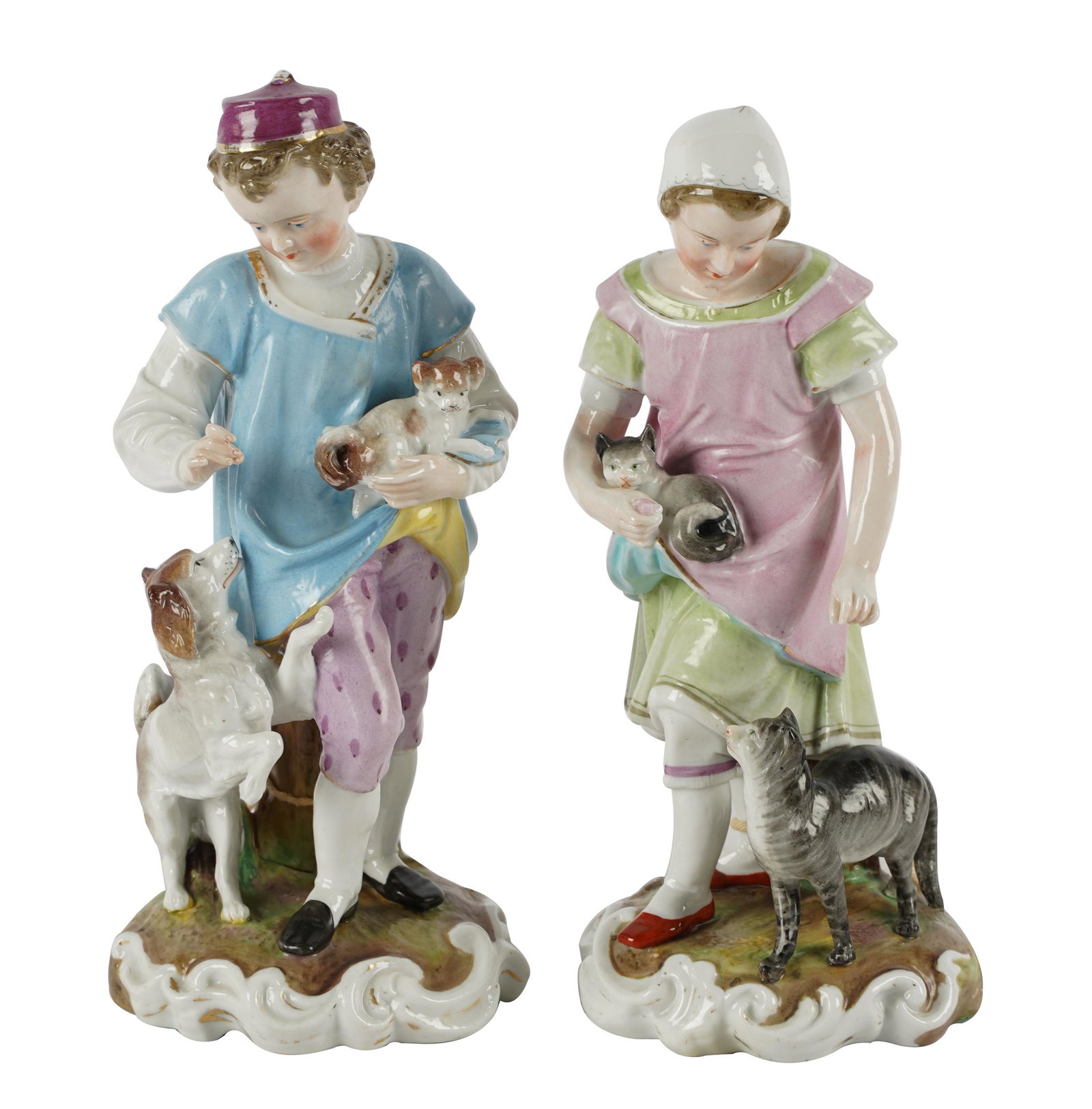PAIR OF MEISSEN PORCELAIN FIGURES: each with underglaze blue crossed swords mark; each 8 1/2 inches high