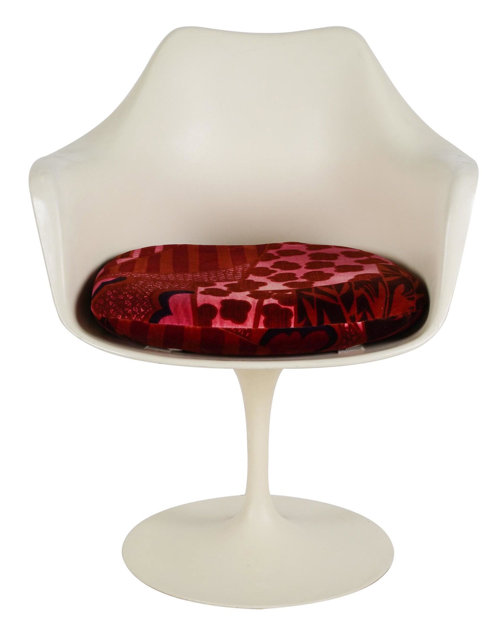 EERO SAARINEN / KNOLL "TULIP" ARMCHAIR: molded fiberglass, enameled aluminum; Knoll International printed paper label to seat; 25 3/4 inches wide; 20 inches deep; 32 inches high