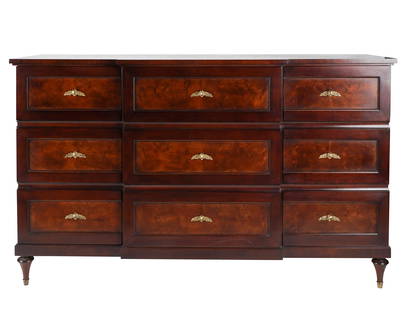 BAKER / JACQUES GARCIA COLLECTION BREAKFRONT CHEST: with manufacturer's metal label; fitted with nine drawers with brass-finish pulls; 68 inches wide; 20 inches deep; 41 inches high