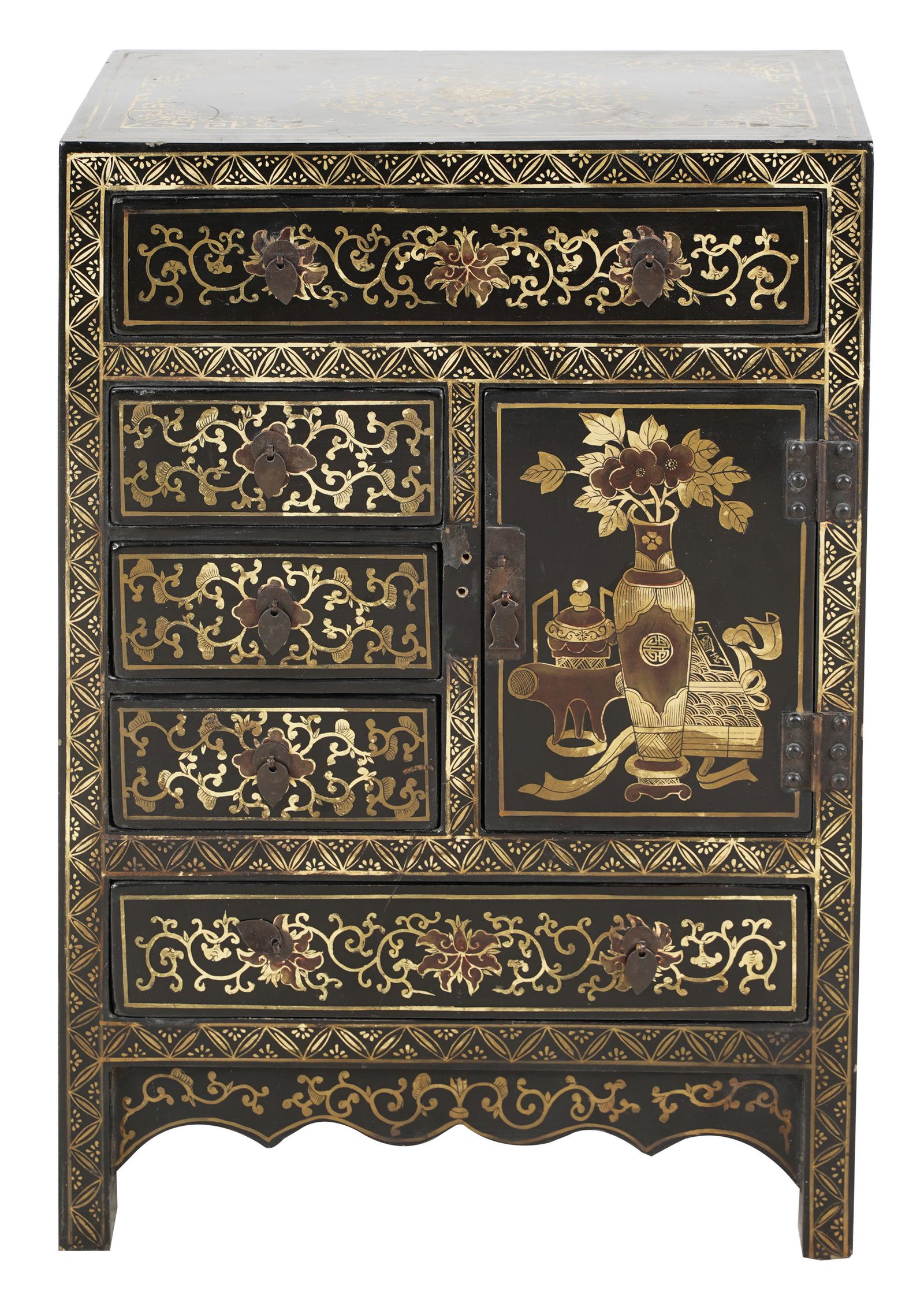 ASIAN LACQUERED JEWERLY CABINET: Condition: missing one metal plate; 16 1/4 inches wide; 8 inches deep; 23 inches high;