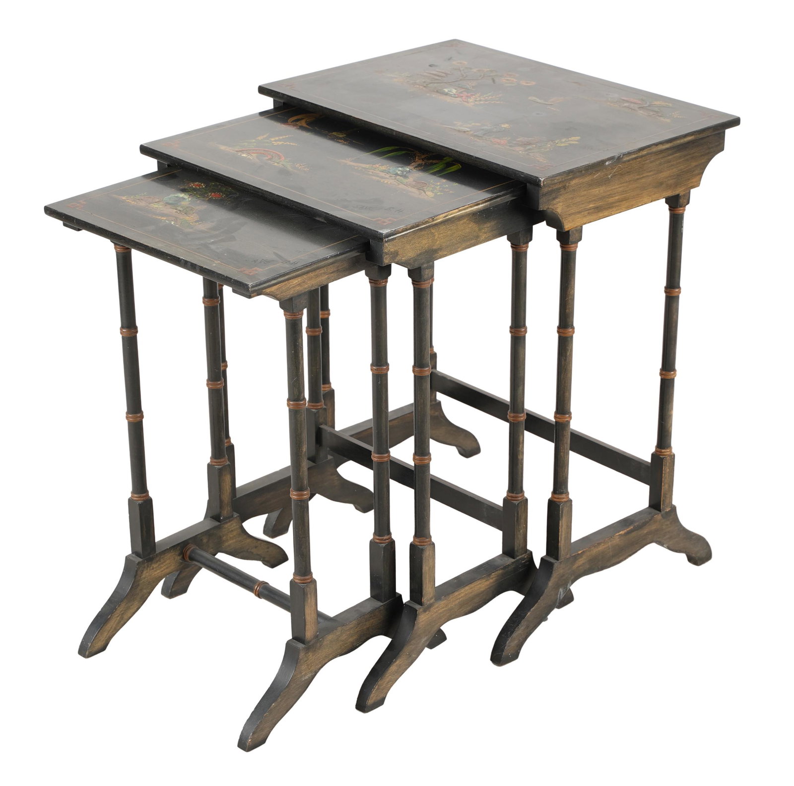 NEST OF THREE CHINOISERIE PAINTED TABLES: 20th century; the largest: 20 inches wide, 14 inches deep; 25 inches high