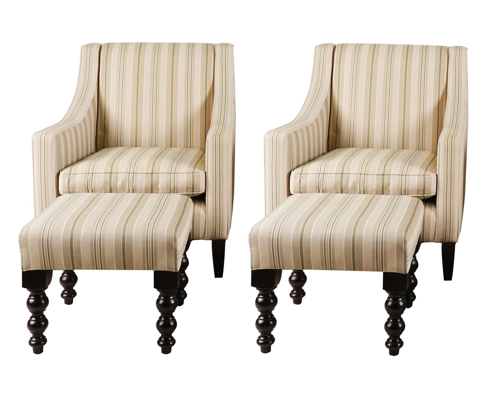 PAIR GEORGE SMITH STRIPED CLUB CHAIRS & OTTOMANS: with labels; the ottomans: 19 inches square; 16 inches high; Condition: overall good; a few very small, faint stains; 27 1/4 inches wide; 30 1/2 inches deep; 35 inches high; seat height: 18 inches