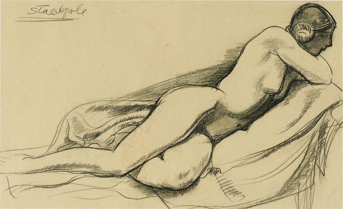 RALPH STACKPOLE (1885 - 1973) RECLINING NUDE: pencil drawing; signed upper left; 9 1/2 x 17 inches sight; 16 1/4 x 23 1/4 inches frame