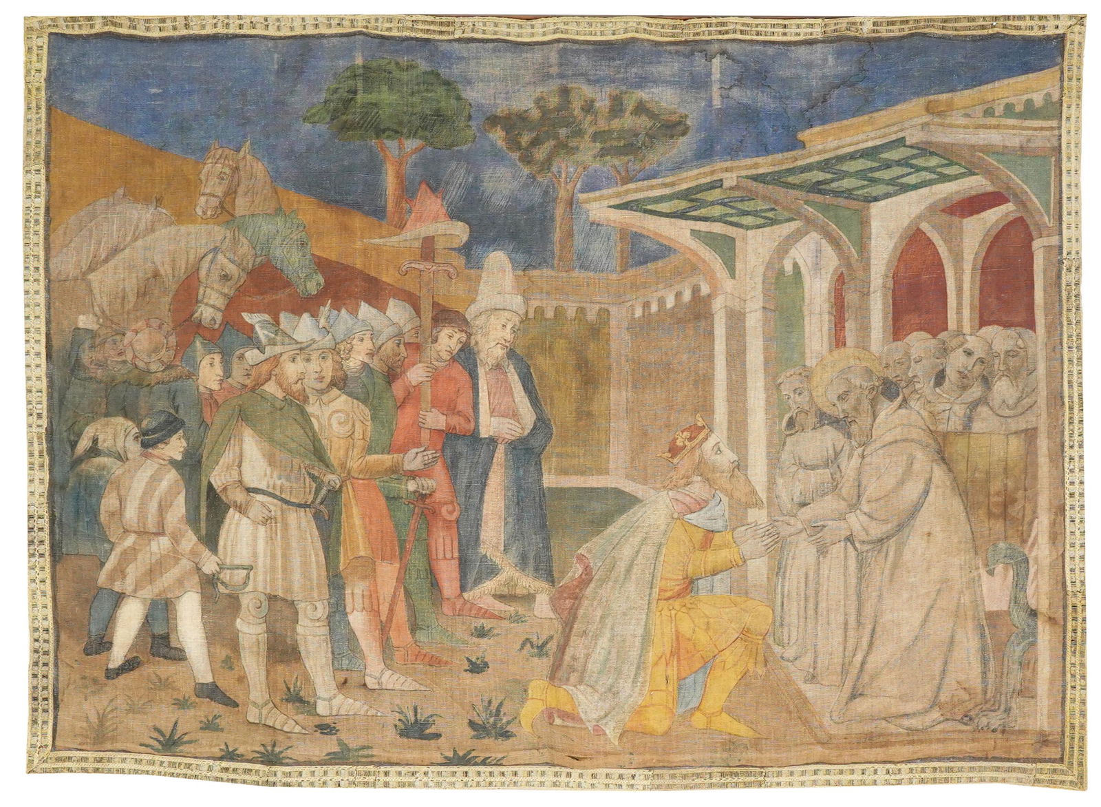 WALL HANGING: painted linen; with wooden batten to top edge; Condition: water stains to upper edge; 57 x 81 1/2 inches