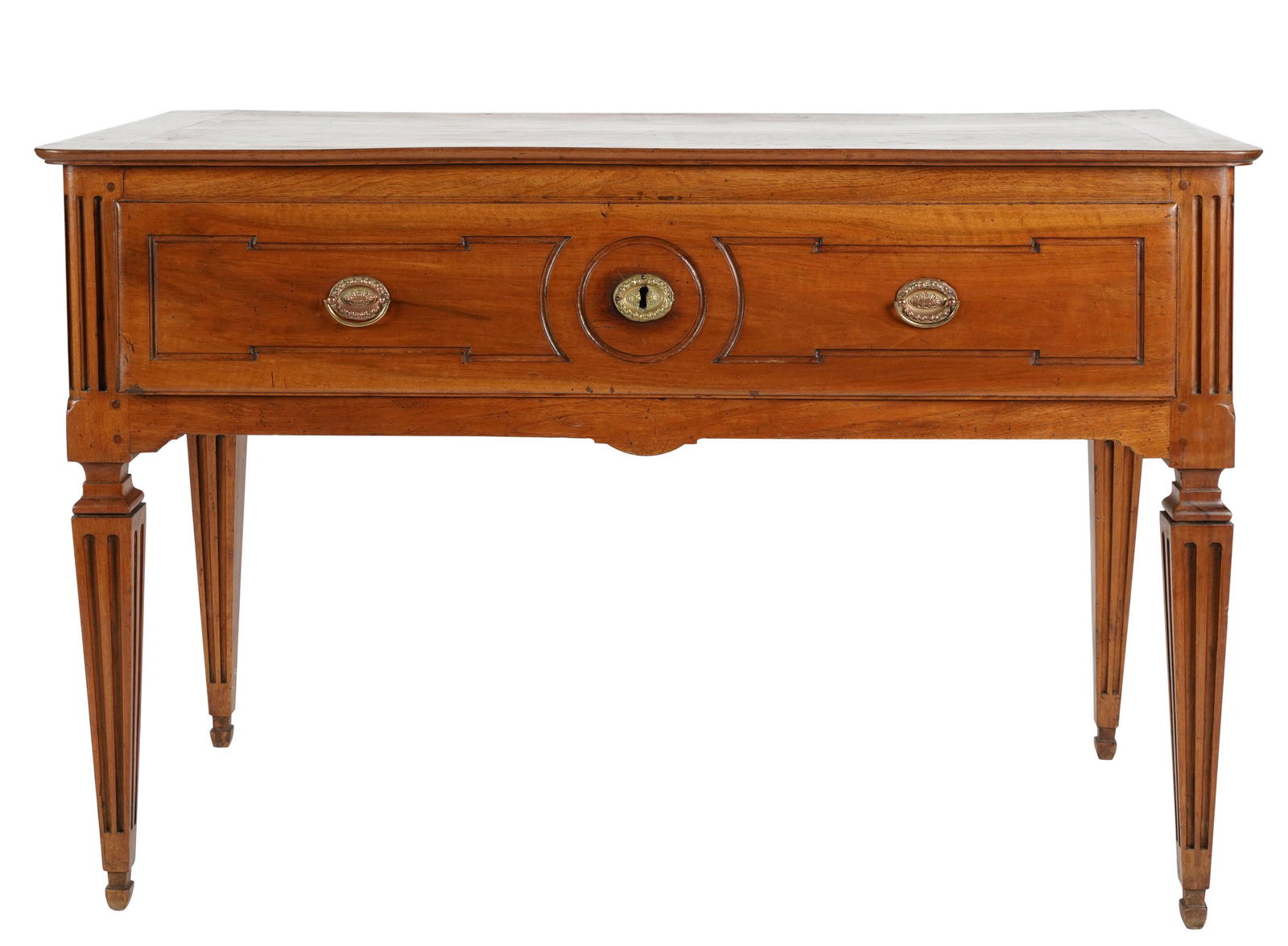 FRENCH NEOCLASSIC WALNUT SERVER SIDE TABLE: 19th century; Provenance: Property from the Beverly Hills, CA Estate of Gordon Carroll, Producer of Alien; 50 inches wide; 24 1/4 inches deep; 32 1/4 inches high