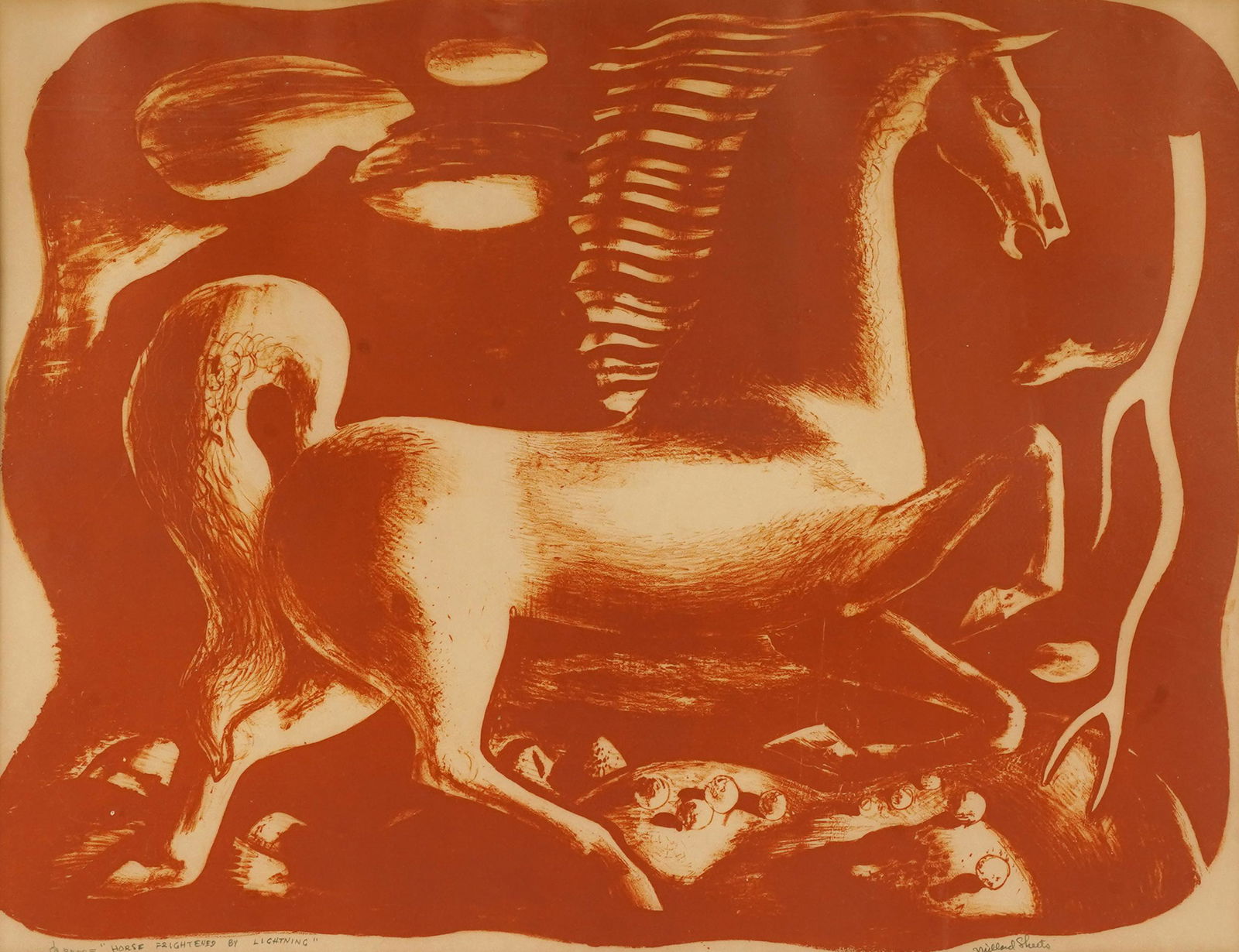 MILLARD SHEETS (1907 - 1989): HORSE FRIGHTENED BY LIGHTNING: lithograph; signed lower right; titled lower left; artist's proof; 17 x 22 inches sight; 28 x 32 inches frame