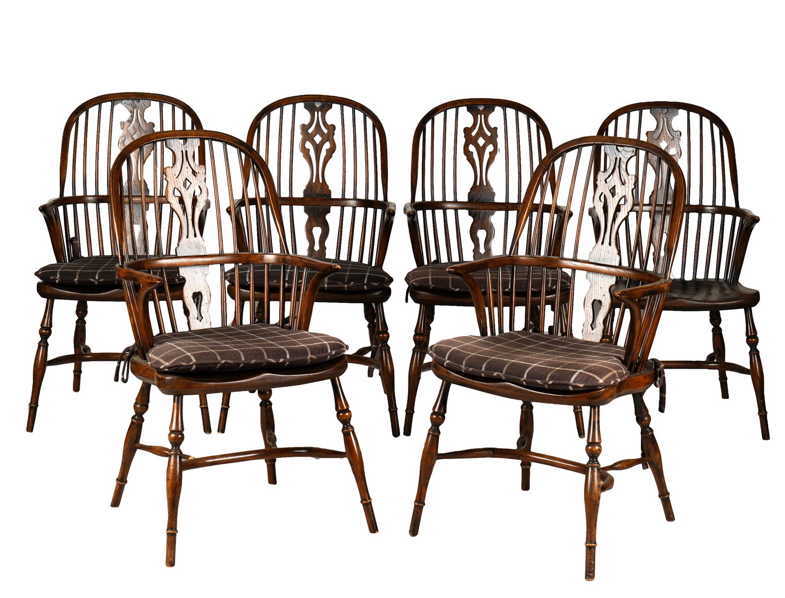 SIX WINDSOR-STYLE OAK DINING ARMCHAIRS: 20th century; unsigned; 1 1/2 inches wide; 22 inches deep; 41 inches high; seat height: 18 1/2 inches