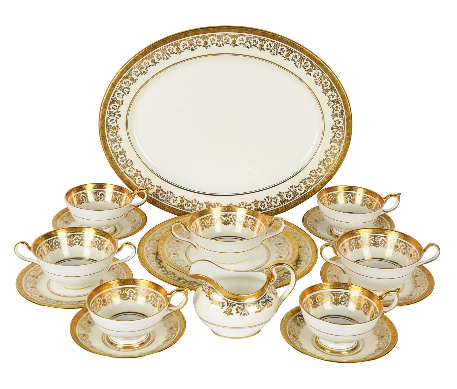 AYNSLEY ENGLISH BONE CHINA SERVICE: green printed factory marks; comprising: 12 dinner plates (10 1/2" dia.); 12 salad plates (8 1/4" dia; 10 bread plates (6 1/4" dia.); 10 double-handled soup bowls; 9 soup underplates; 12 teacups; 10 s
