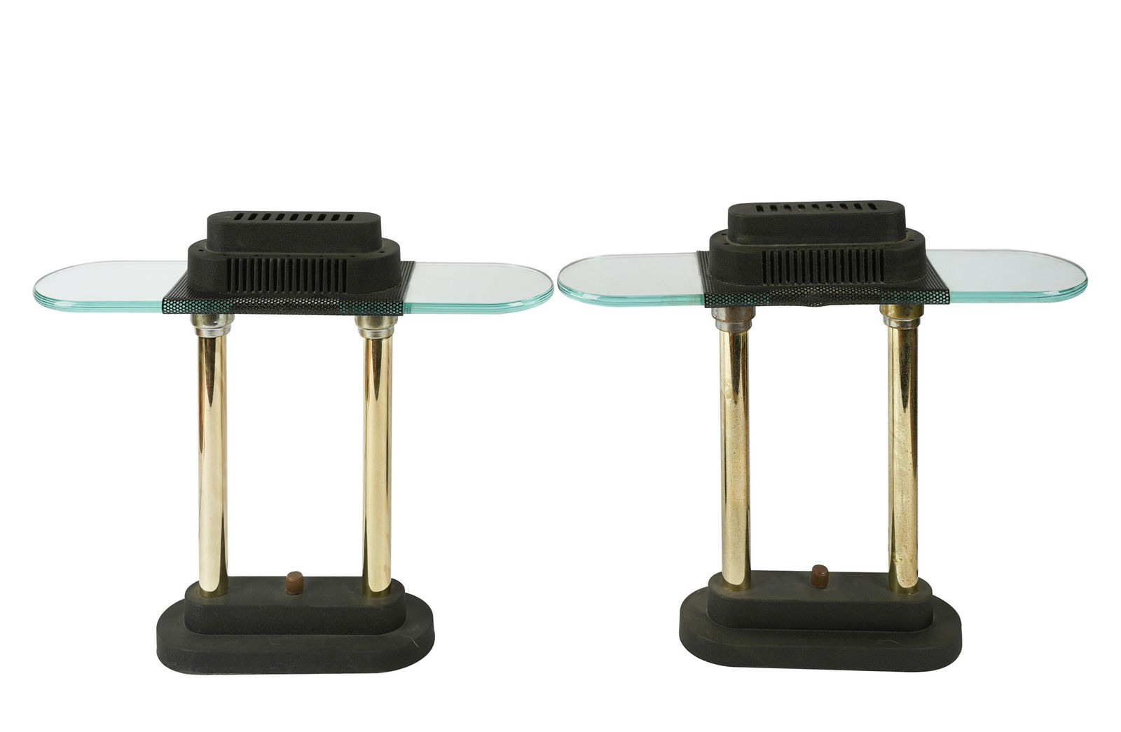 PAIR OF ROBERT SONNEMAN / GEORGE KOVACS TABLE LAMPS: circa 1987; brass, green glass, chrome and matte black metal; inspired by the Memphis Group; Condition: original wiring; 18 inches wide; 4 3/4 inches deep; 15 inches high;