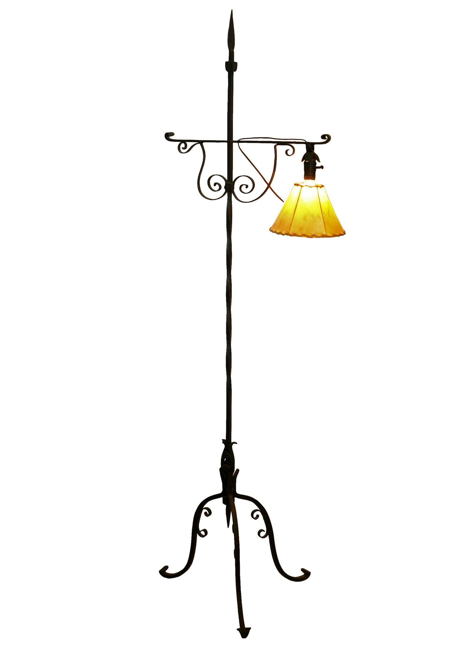 SPANISH REVIVAL-STYLE IRON BRIDGE LAMP: with rawhide shade; 67 inches high