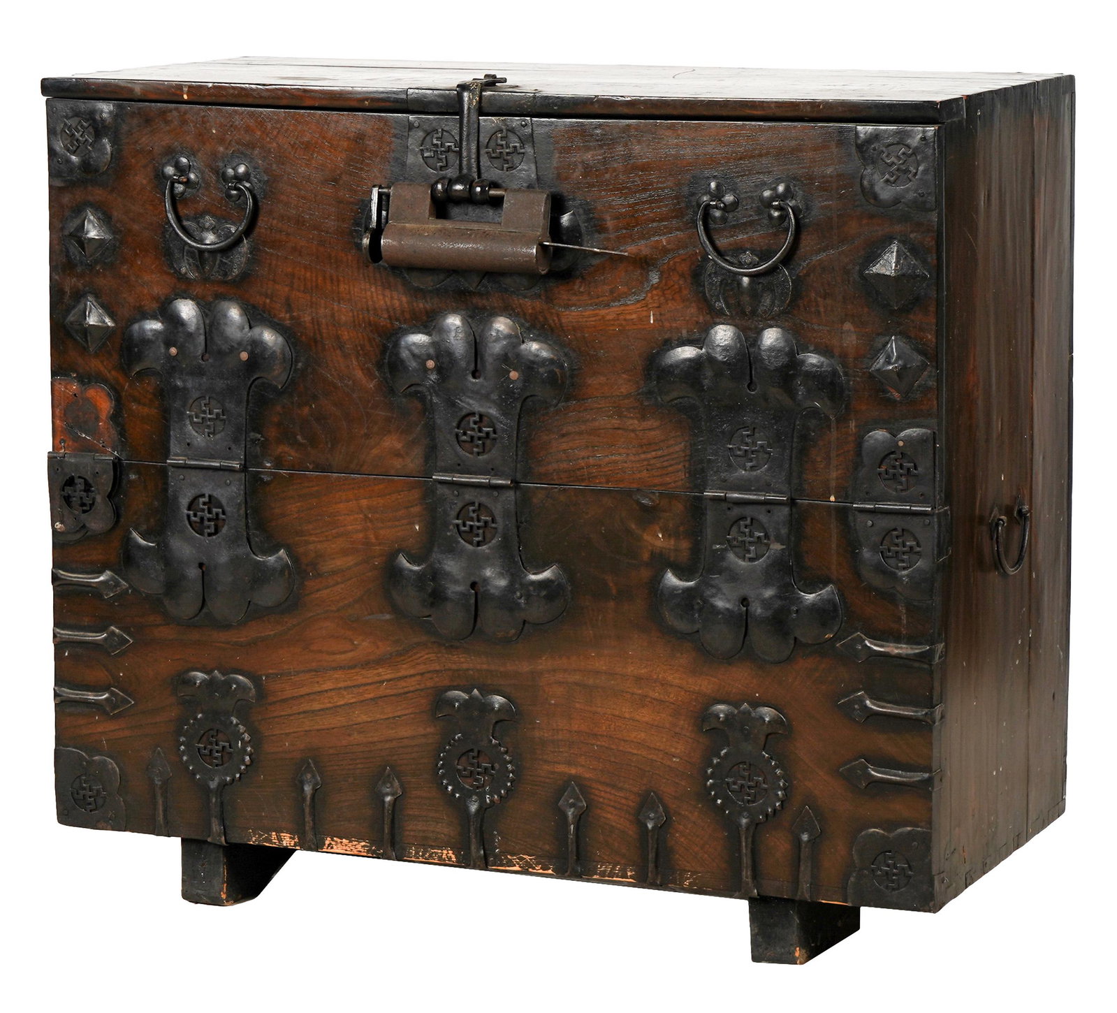 JAPANESE TANSU CHEST: iron mounts and lock; later-added feet; 37 inches wide; 17 1/2 inches deep; 33 inches high