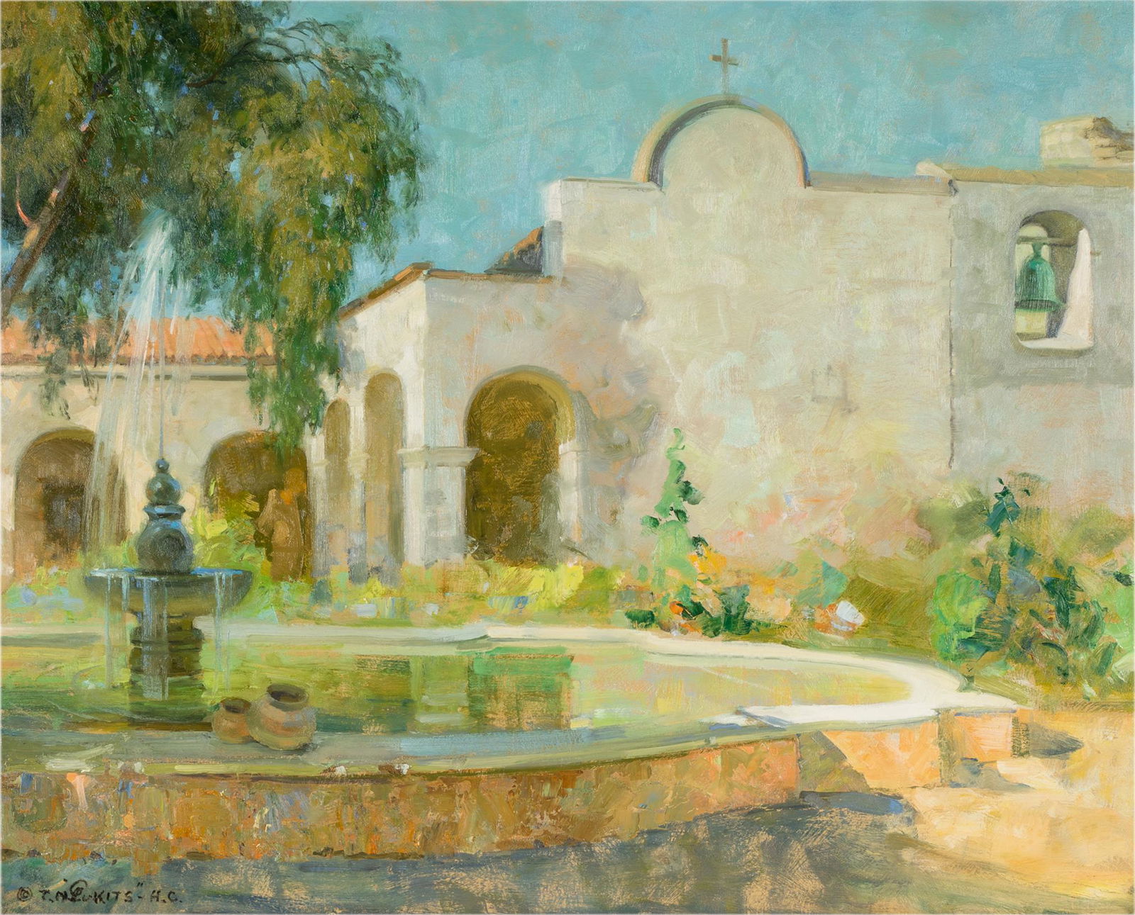THEODORE LUKITS (1897 - 1992): SAN JUAN CAPISTRANO MISSION: oil on board; signed lower left; 28 3/4 x 35 3/4 inches; 34 3/4 x 41 1/2 inches frame