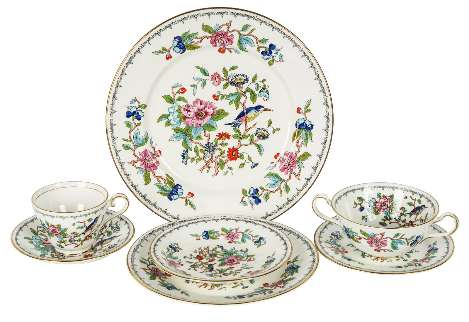 SET OF AYNSELY "PEMBROKE" BONE CHINA SERVICE: printed factory marks; comprising 11 dinner plates (10 1/2" dia.); 11 salad plates (8" dia.); 11 bread plates (6 1/4" dia.); 10 bouillon bowls; 12 underplates; 12 teacups; 13 tea saucers;