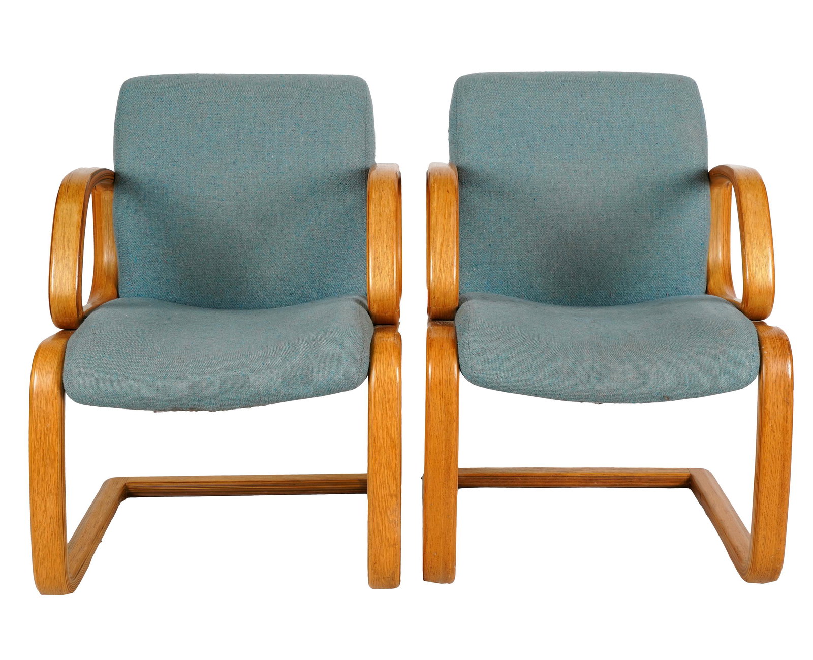 TWO BENT PLYWOOD ARMCHAIRS: manufacturer's tag "Alba Industries"; Condition: heavy fading to fabric; 22 1/2 inches wide; 23 inches deep; 32 inches high; seat: 16 inches high