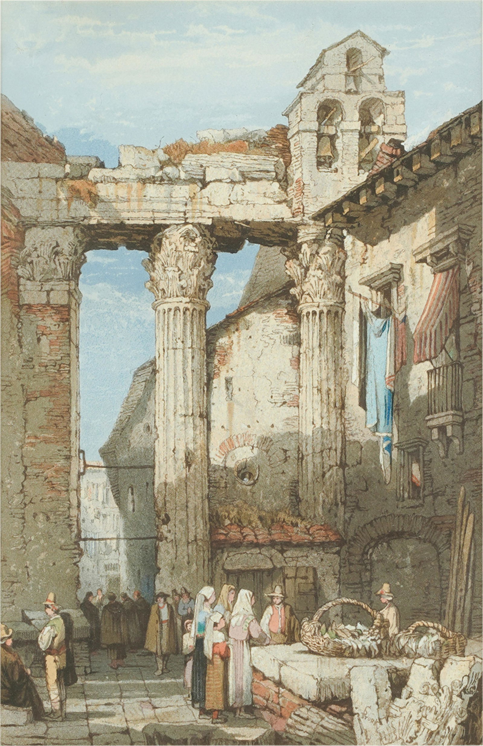 SAMUEL PROUT (1783 - 1852): FIGURES IN SQURE: watercolor on paper, matted, glazed, and framed; signed lower right; 17 3/4 x 11 inches sight; 26 1/2 x 19 3/4 inches frame