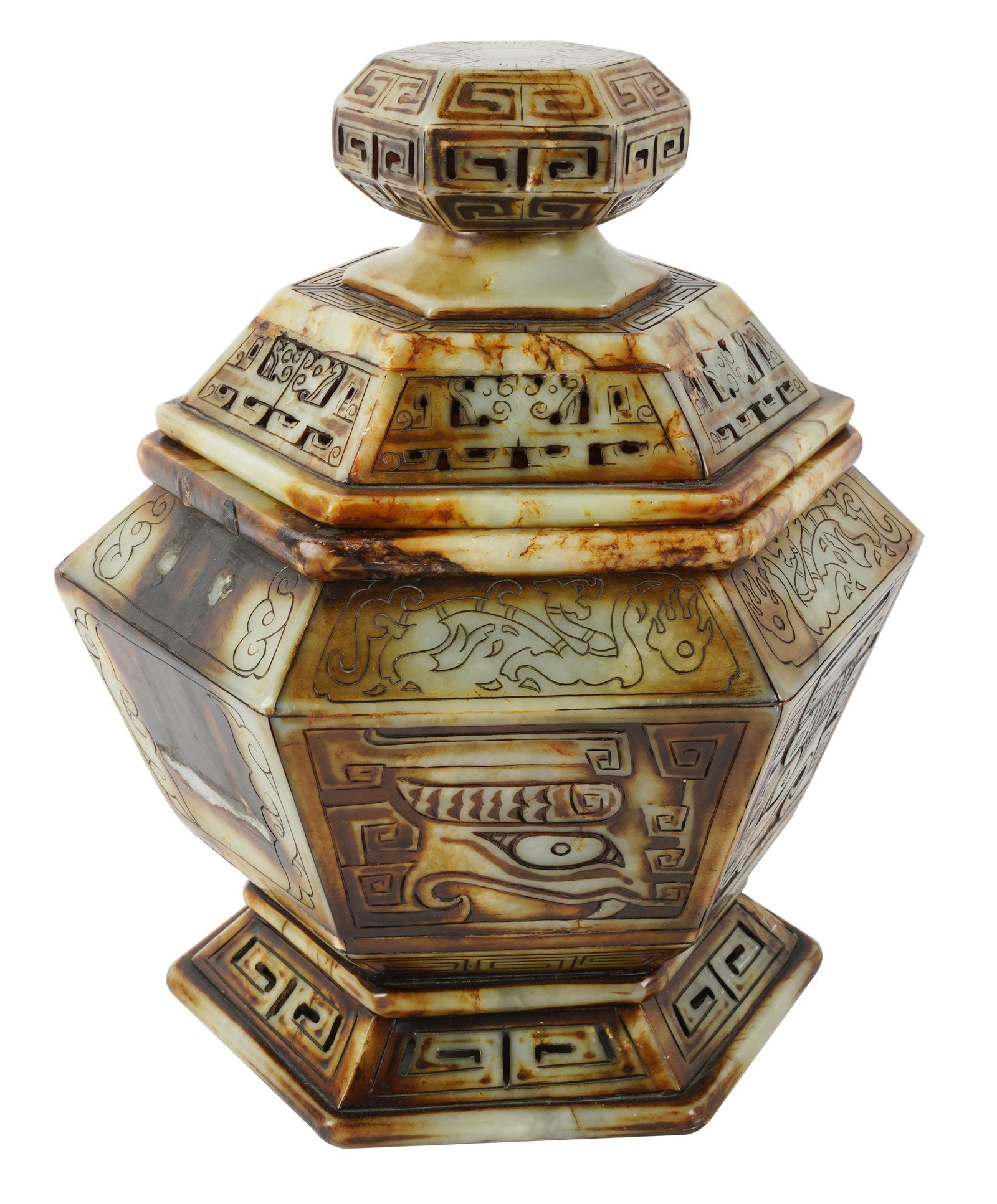 CHINESE CARVED SOAPSTONE CENSER: hexagonal, with cover; Condition: handles broken off; 13 inches diameter; 14 1/2 inches high;