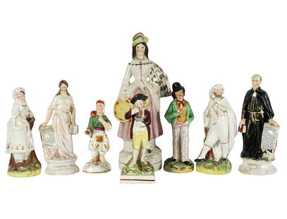 GROUP OF STAFFORDSHIRE POTTERY FIGURES: comprising eight; one with black printed mark for William Kent, Burslem, 1944 - 1962; the others unmarked; ranging from 7 to 13 1/2 inches high