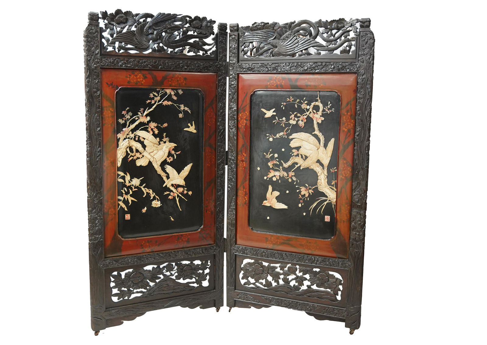 PAIR OF JAPANESE LACQUERED & CARVED WOOD PANELS (1 of 10)