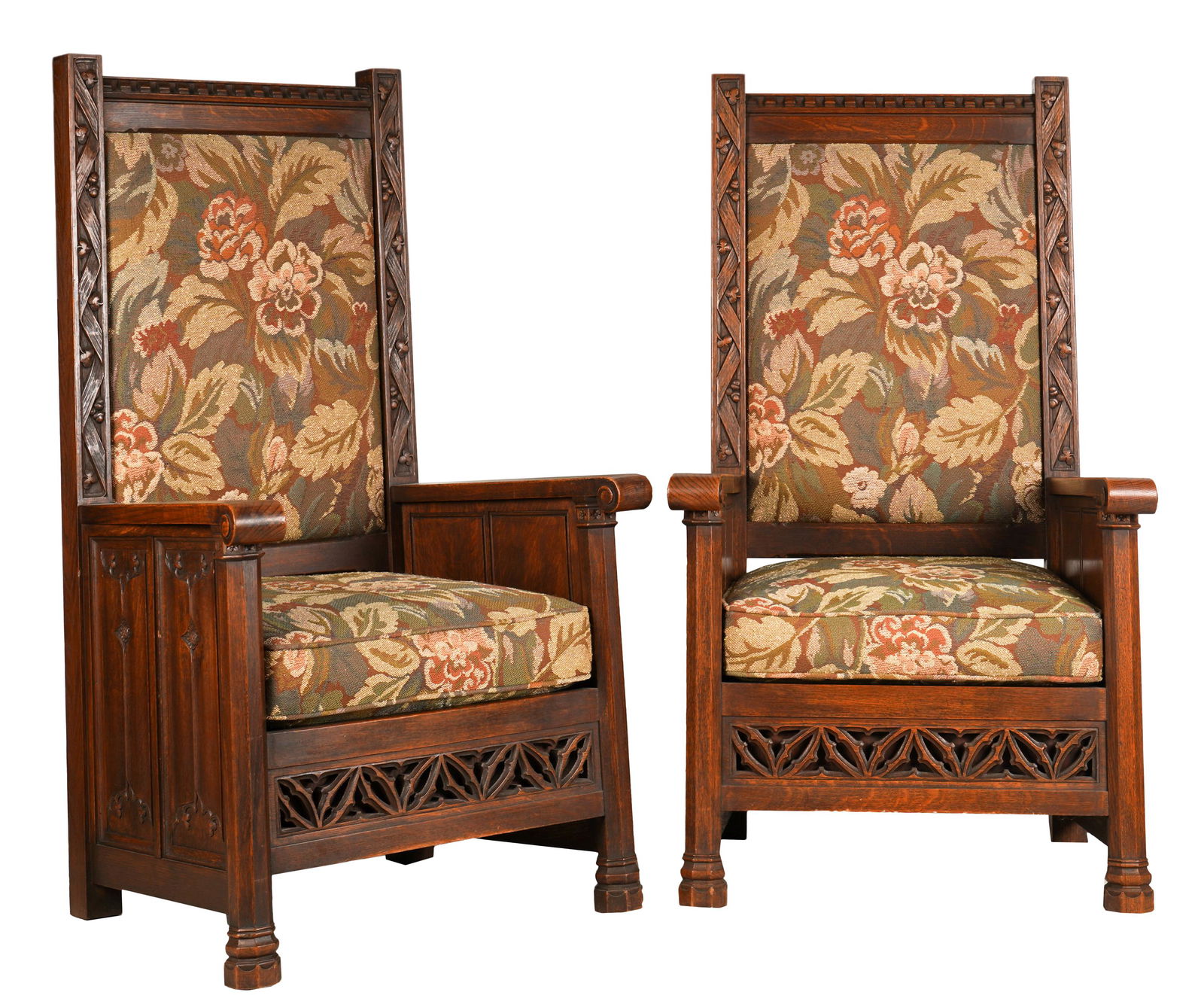 PAIR GOTHIC-STYLE CARVED OAK HALL CHAIRS (1 of 10)