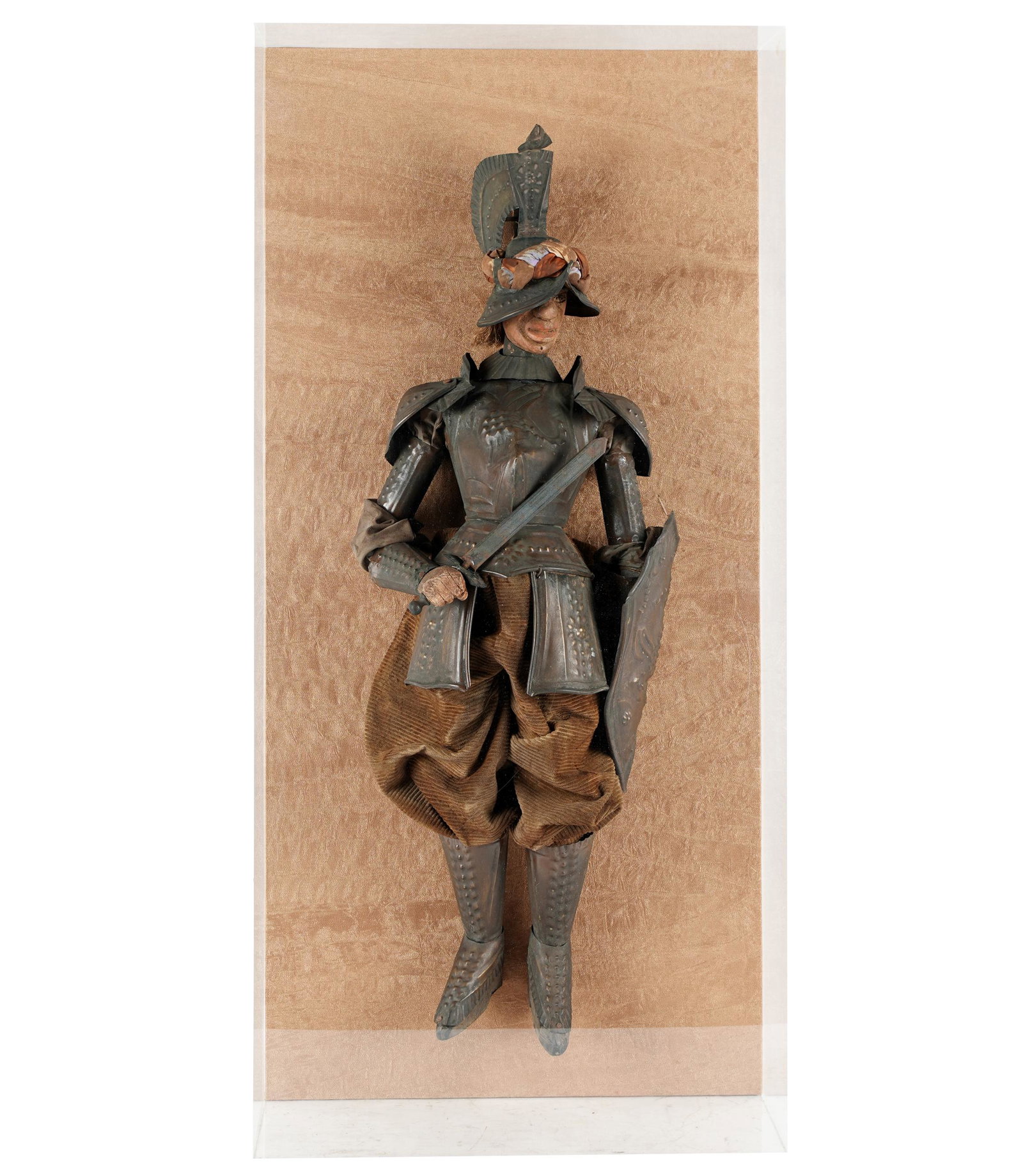 PAINTED WOOD CONQUISTADOR MRIONETTE PUPPET: in an acrylic case; the puppet approximately 31 inches high; the case 17 inches wide; 7 3/4 inches deep; 36 1/4 inches high