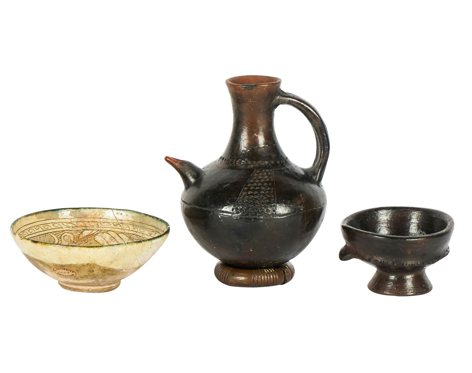 THREE PRIMITIVE POTTERY VESSELS (1 of 16)