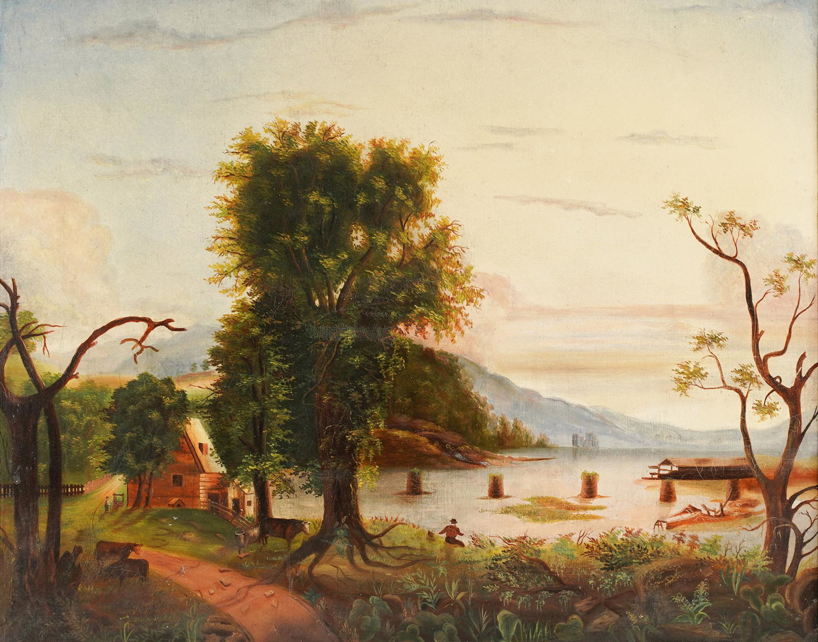 EBENEZER MACK (1755 - 1826): LAKE LANDSCAPE: oil on canvas; signed and dated lower right; Condition: relined; craquelure; small area of paint loss lower right; 23 3/8 inches x 29 5/8 inches sight; 30 inches x 36 1/4 inches frame