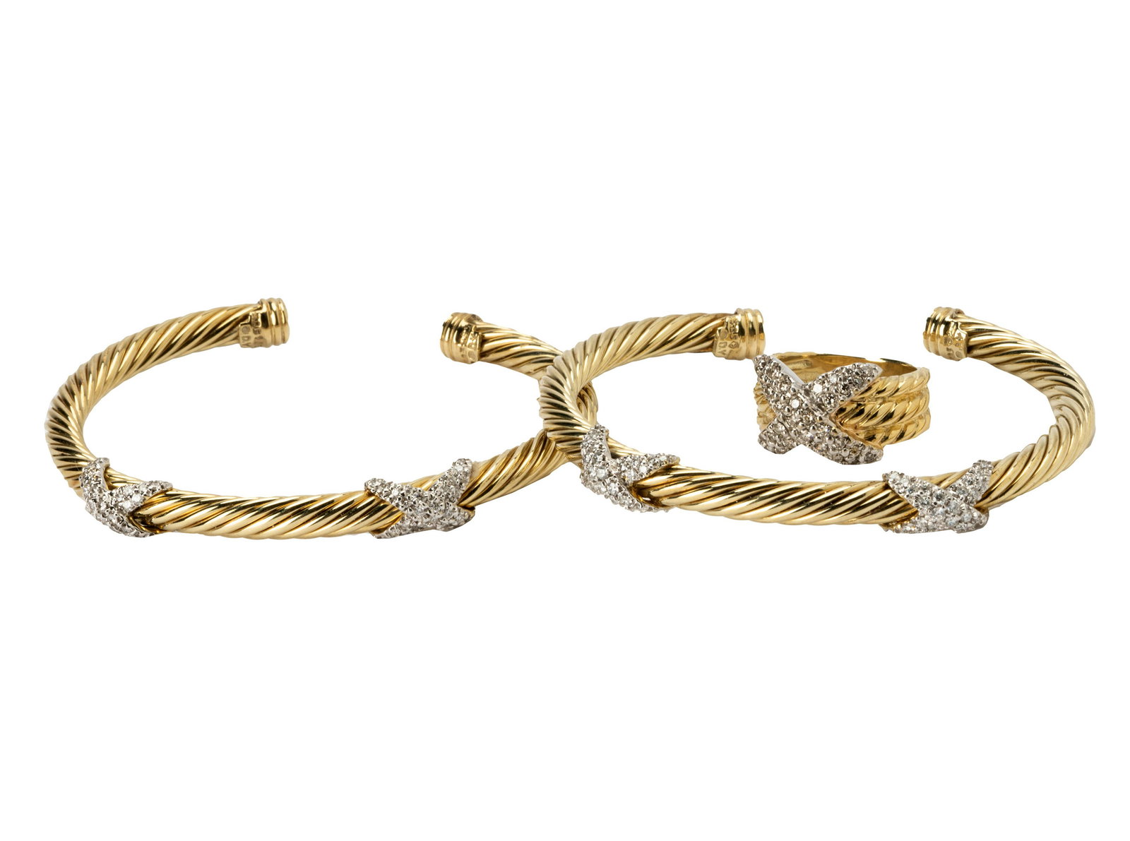 PAIR OF  DAVID YURMAN 14 KARAT YELLOW GOLD , SILVER DIAMOND BANGLE CUFFS & RING (1 of 11)