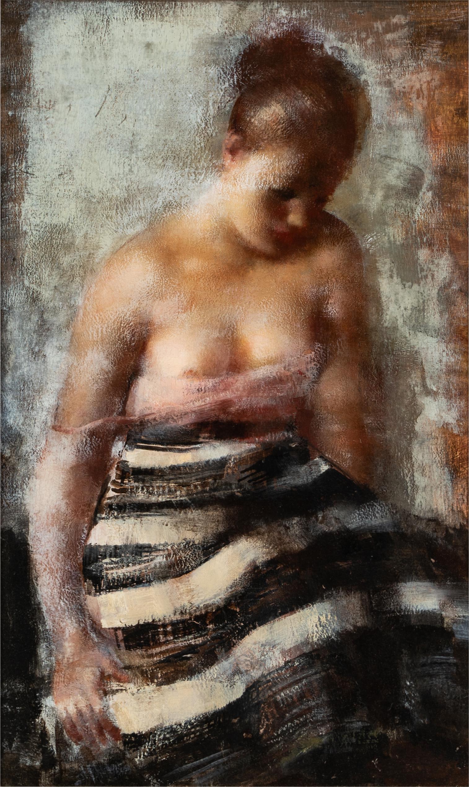 GRIGORY GLUCKMANN (1898 - 1973): STRIPED SKIRT: oil on panel; apparently unsigned; titled to gallery label verso; Provenance: Property from a Private Collection; Dalzell Hatfield Gallery, Los Angeles, CA label verso; 18 1/4 x 11 1/4 inches; 26 1/4