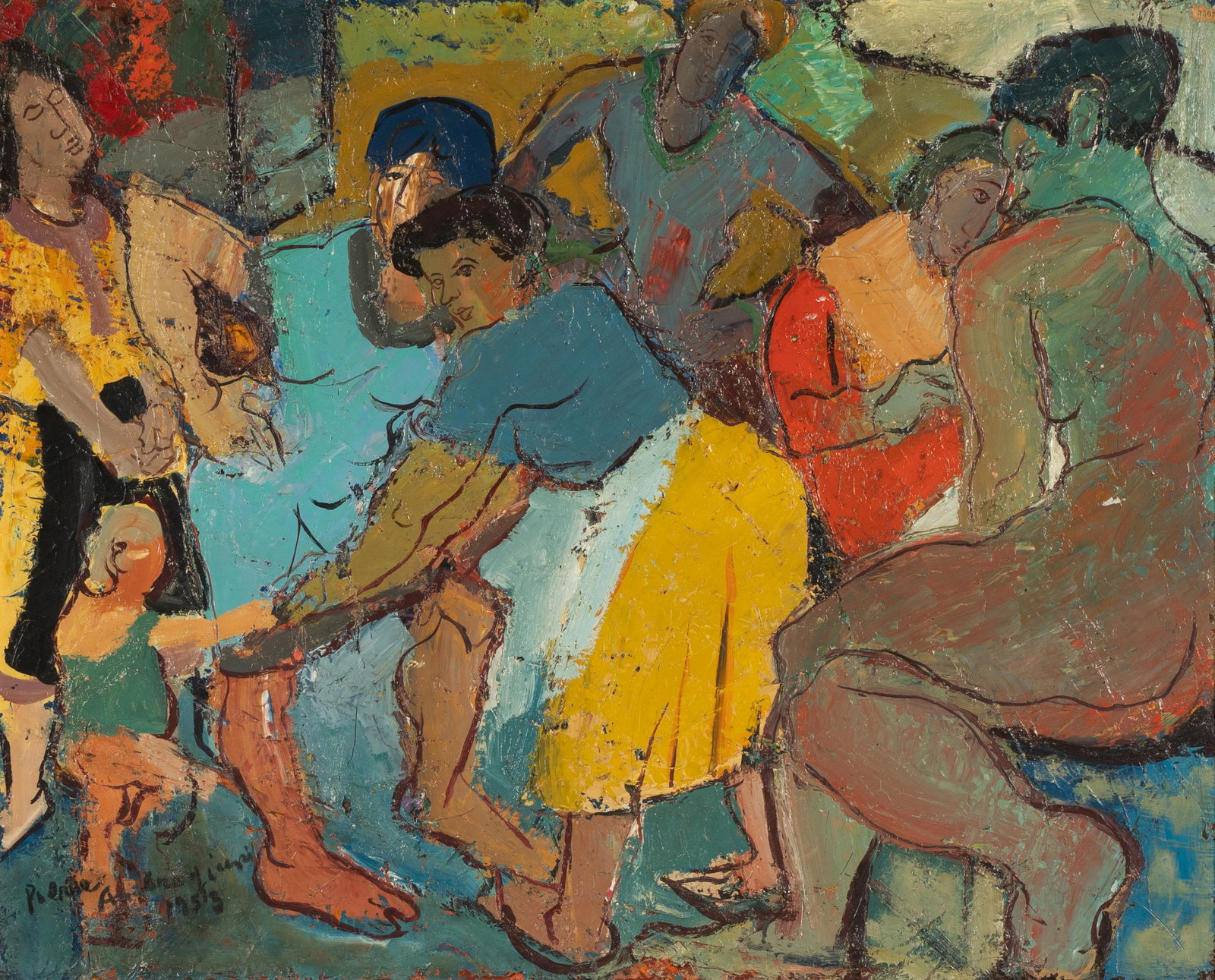 PIERRE AMBROGIANI (1907 - 1985): PERSONNAGES: 1953; oil on waxed burlap; signed and dated lower left; titled to handwritten label verso; Provenance: handwritten label verso "Collection Marcel Faucon / 35 Rue du Docteur Roux / Paris"; 31 3/4 x 39