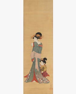 UTAGAWA TOYOHIRO (1773? - 1828): STANDING BEAUTY: watercolor, ink, and gold on silk, matted and framed under acrylic; signed lower right; Provenance: The Kelton Collection, The Estate of Richard Kelton, Los Angeles, CA; 37 x 11 inches sight; 44 x 18