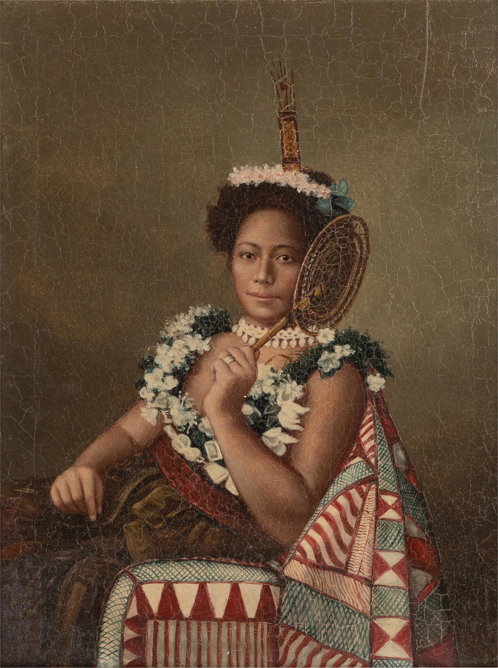 LAM QUA (1801 - 1860): PORTRAIT OF A PRINCESS: oil on canvas, relined on canvas, framed under glass; Provenance: The Kelton Collection, The Estate of Richard Kelton, Los Angeles, CA; 10 1/2 x 8 inches; 17 1/2 x 15 1/4 inches frame