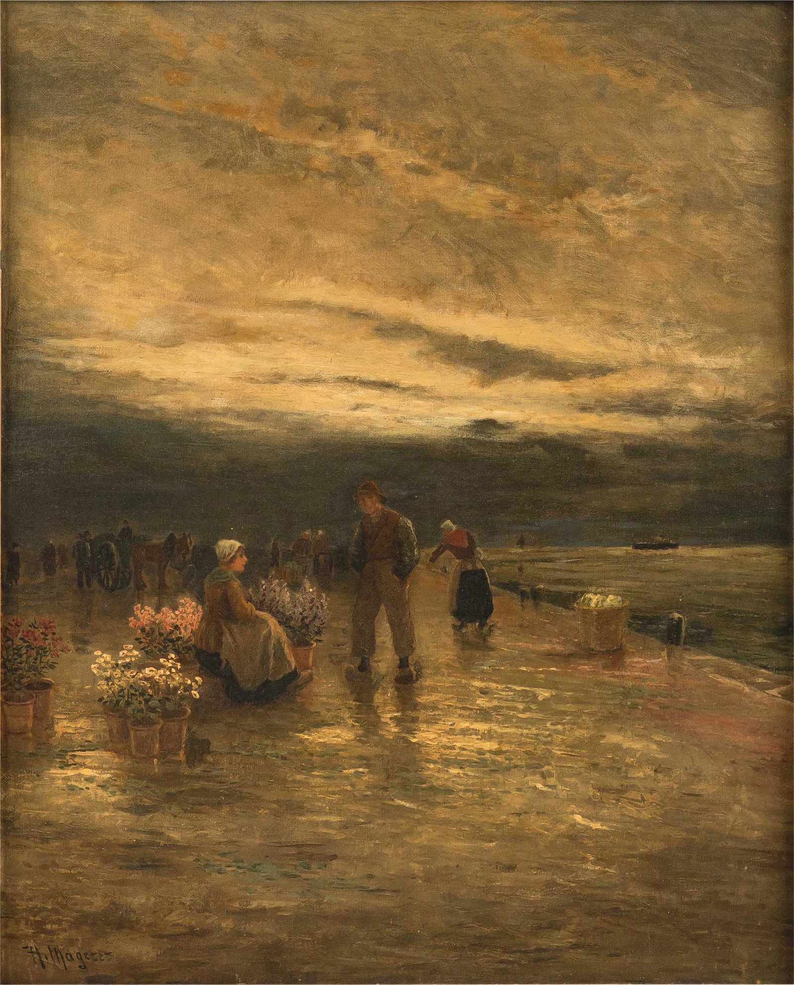 CONTINENTAL SCHOOL: FLOWER SELLER: oil on canvas; signed "H. Mage...[illegible]" lower left; Provenance: The Friedman Family Collection; 27 x 22 1/2 inches; 38 x 32 1/2 inches frame