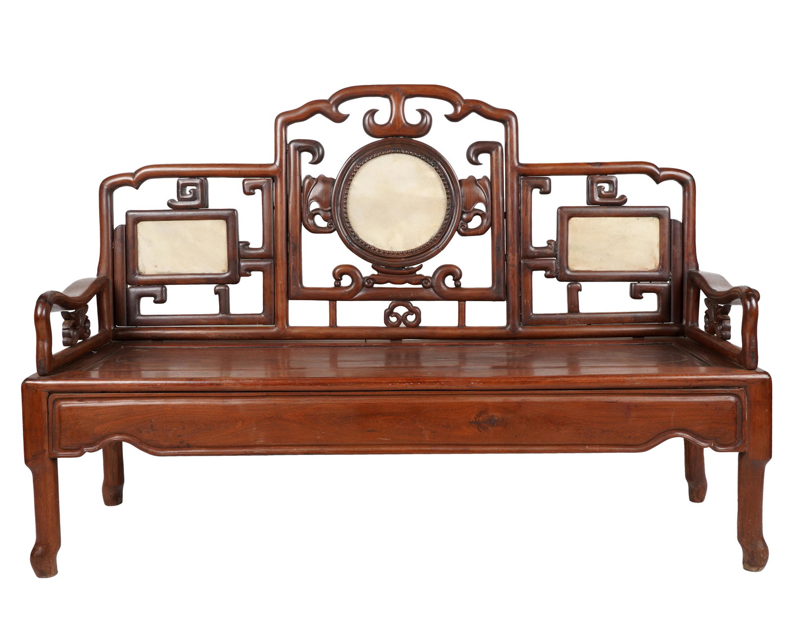 CHINESE MARBLE-INSET CARVED WOOD SETTEE (1 of 11)