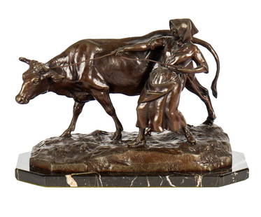 CHARLES VALTON (1851 - 1918): WOMAN WITH COW: cast bronze, mounted to marble plinth; signed in casting "C. Valton" (no edition number or foundry mark) overall: 15 inches wide; 8 inches deep; 10 1/2 inches high