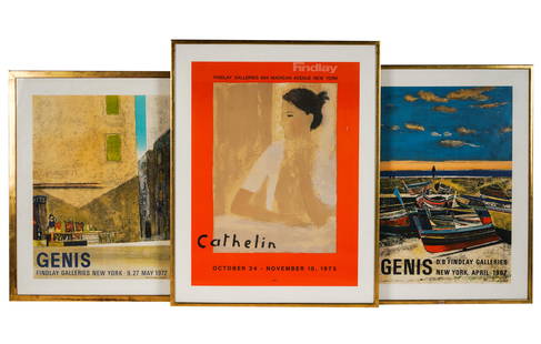 THREE FINDLAY GALLERIES POSTERS: each matted and framed under acrylic; each printed by Mourlot; the First: Bernard Cathelin (30 x 22 1/4 inches sight, 35 3/4 x 28 inches frame); the second: Rene Genis (25 x 18 3/4 inches sight, 31 1/