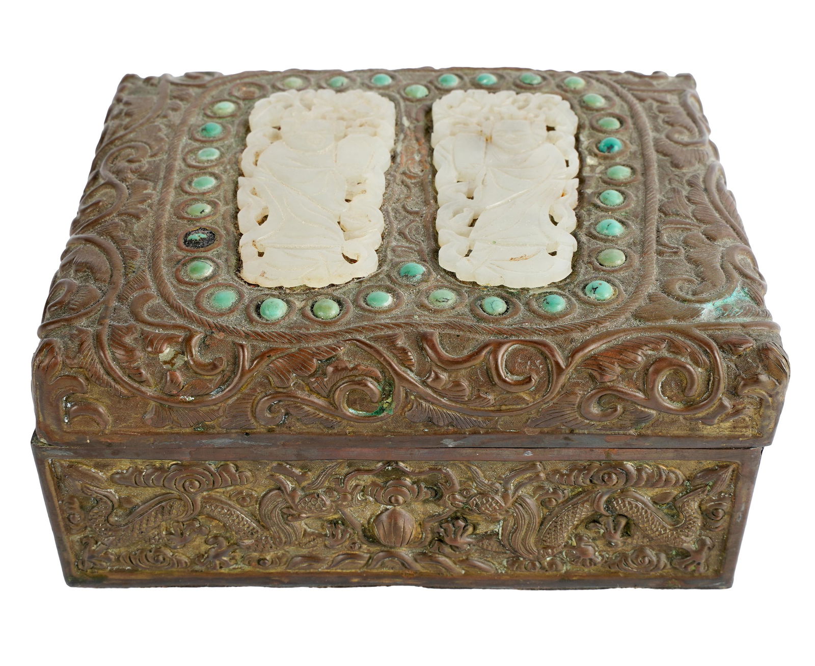 CHINESE WHITE JADE-INSET COPPER BOX (1 of 8)