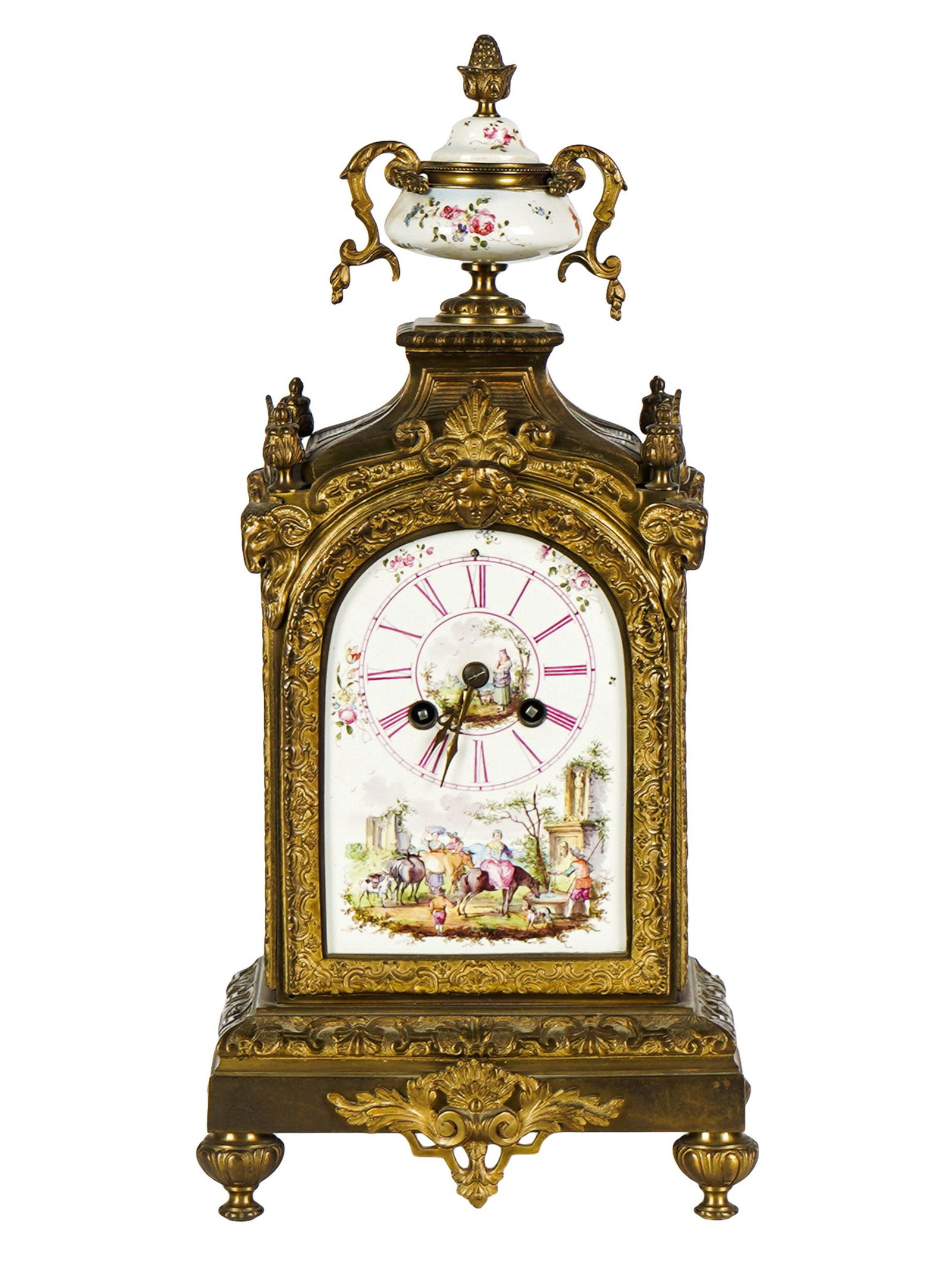 FRENCH GILT METAL & PAINTED PORCELAIN MANTLE CLOCK (1 of 13)
