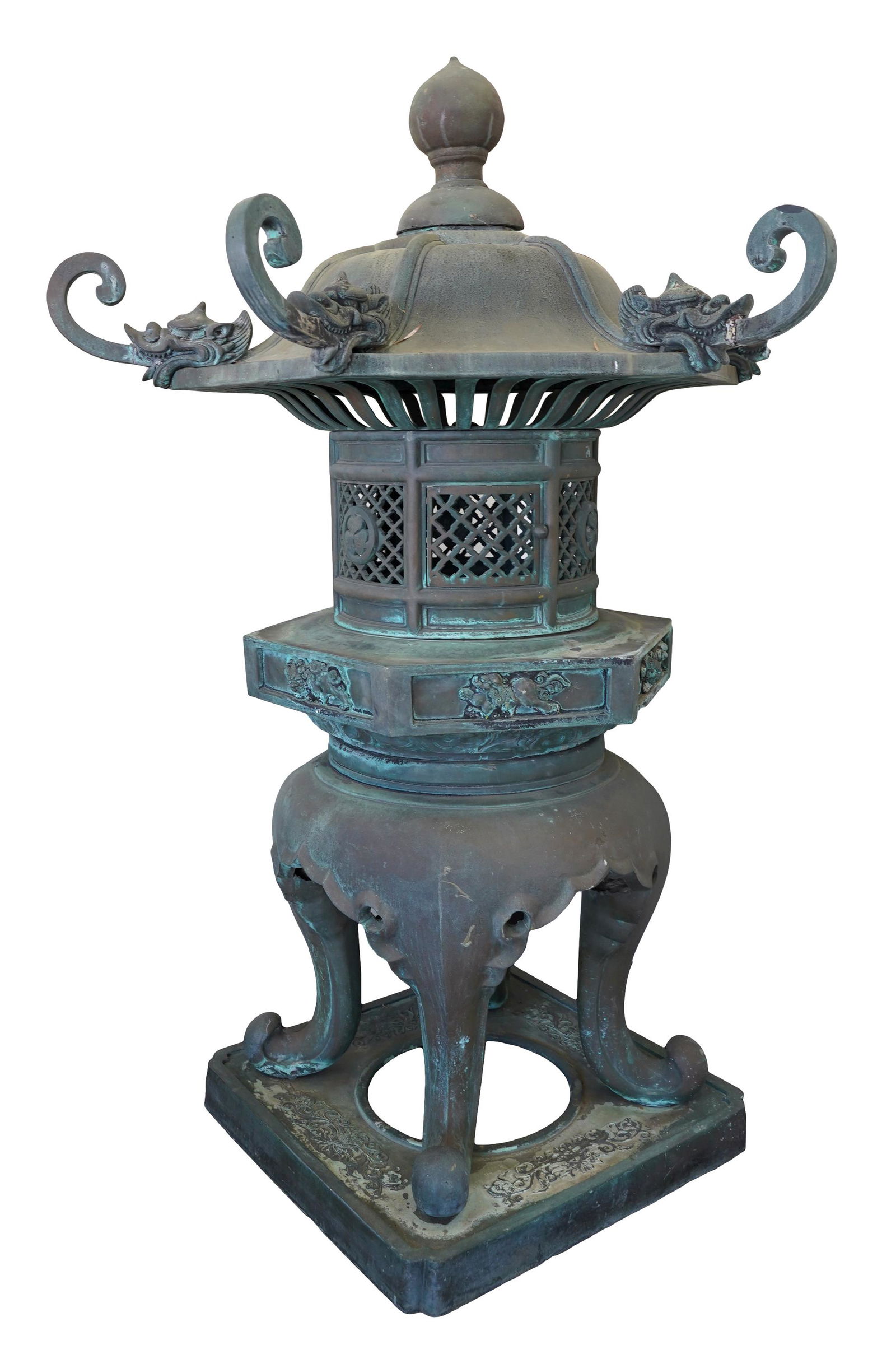 LARGE JAPANESE BRONZE PAGODA-FORM LANTERN / ORNAMENT: in multiple sections; with hinged door; Provenance: The Mrs. Stuart Davis Collection, Beverly Hills, CA; 51 inches diameter; 78 inches high