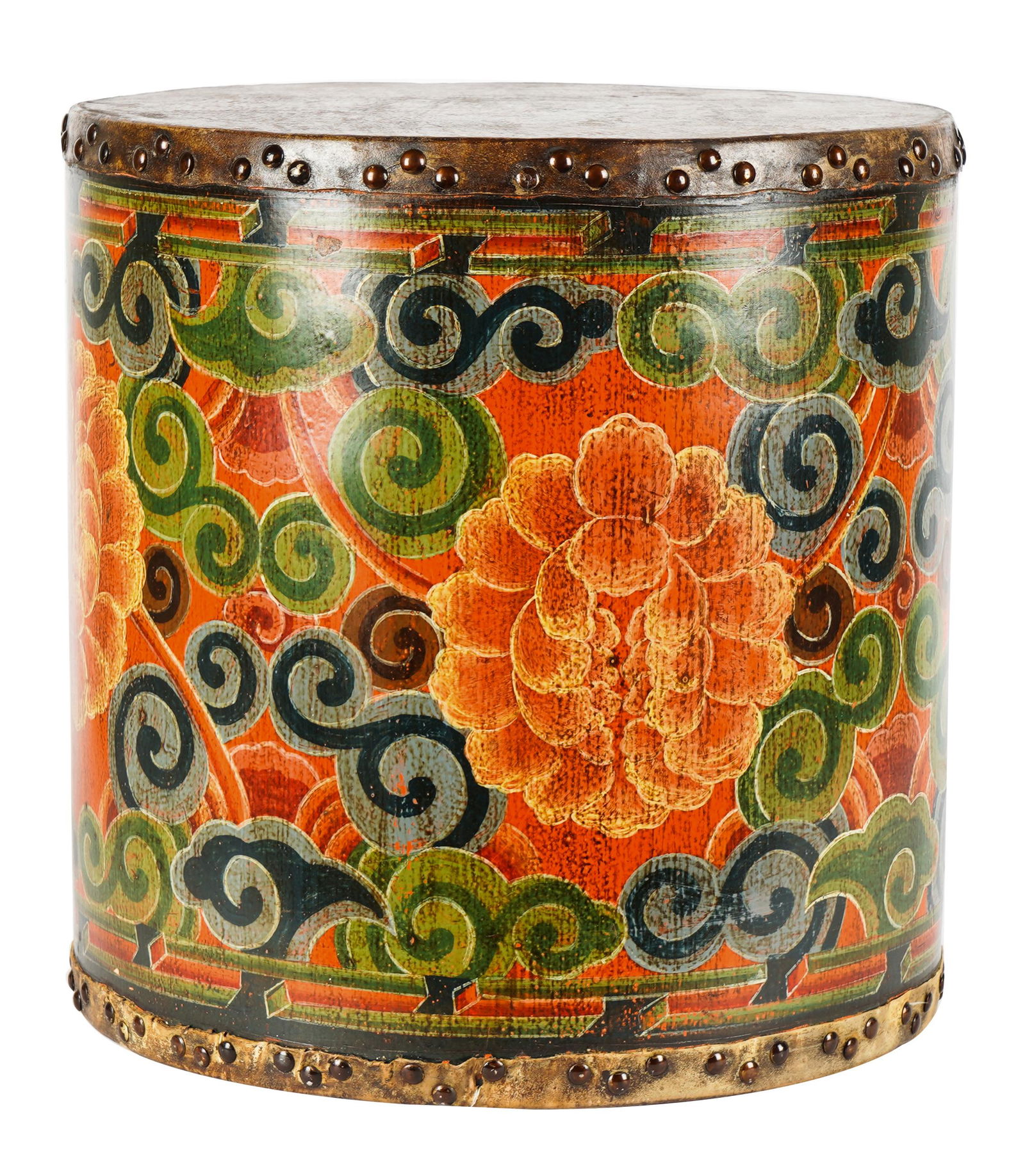 ASIAN PAINTED DRUM: Provenance: The Estate of Kay Pick, Beverly Hills, CA; 15 1/2 inches diameter; 15 1/2 inches high