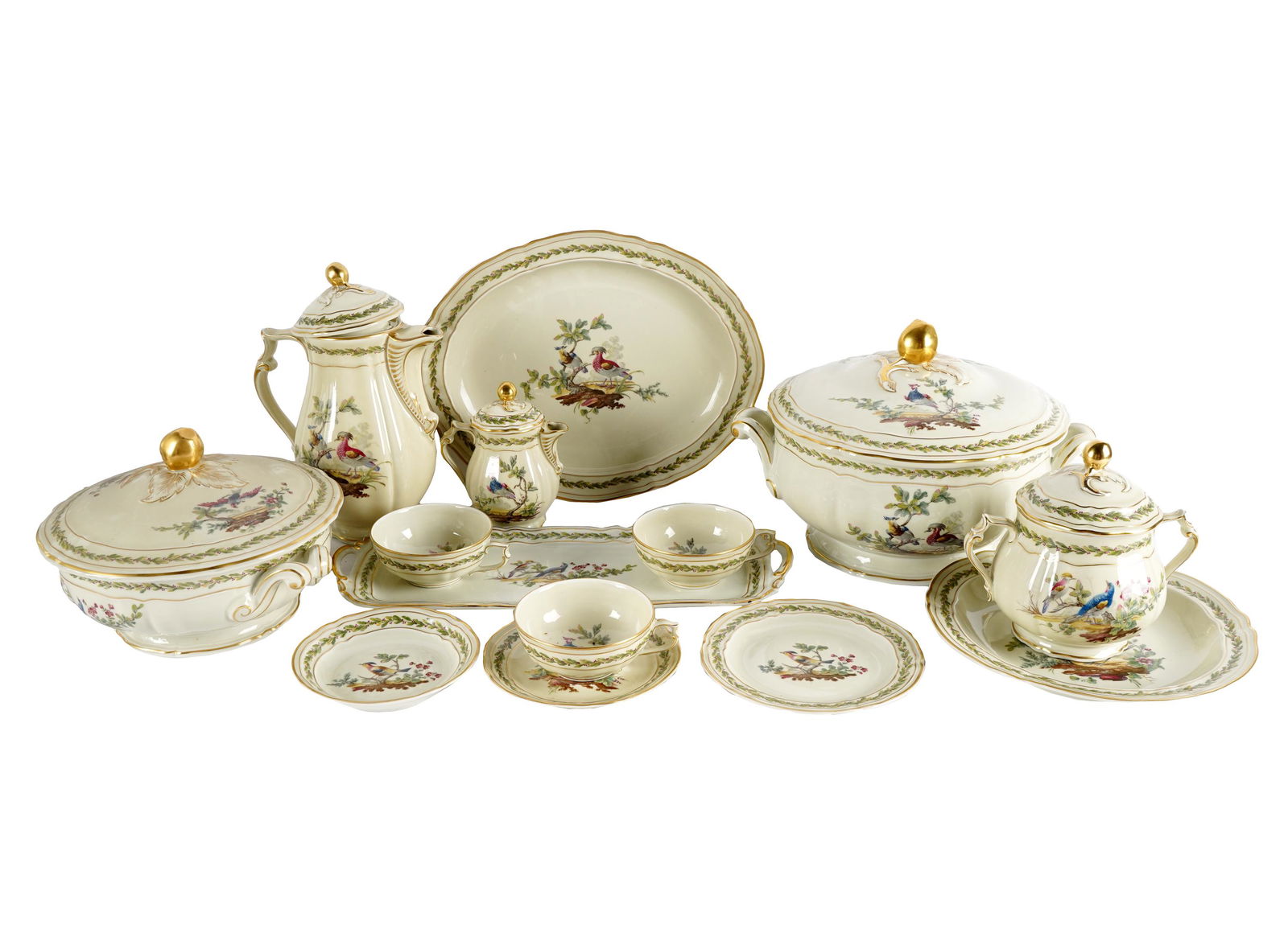 BERNARDAUD LIMOGES "CHEVREUSE" PORCELAIN SERVICE: comprising 18 dinner plates (9 3/4 inches diameter); 16 salad plates (7 1/2 inches diameter); 18 soup plates (9 inches diameter); 18 bread plates (6 1/2 inches diameter); 1 coffee pot (9 1/2 inches hi