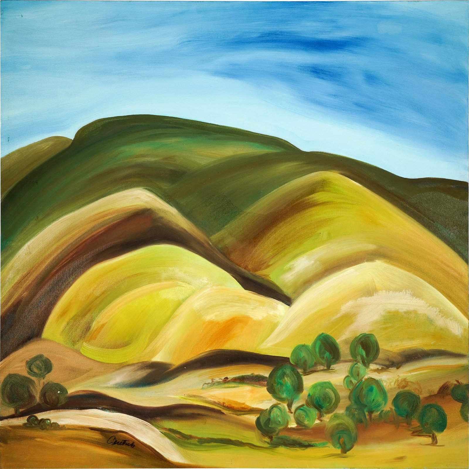 BARBARA BERETICH (1936-2018): LANDSCAPE: oil on canvas, unframed; signed lower left; 40 x 40 inches