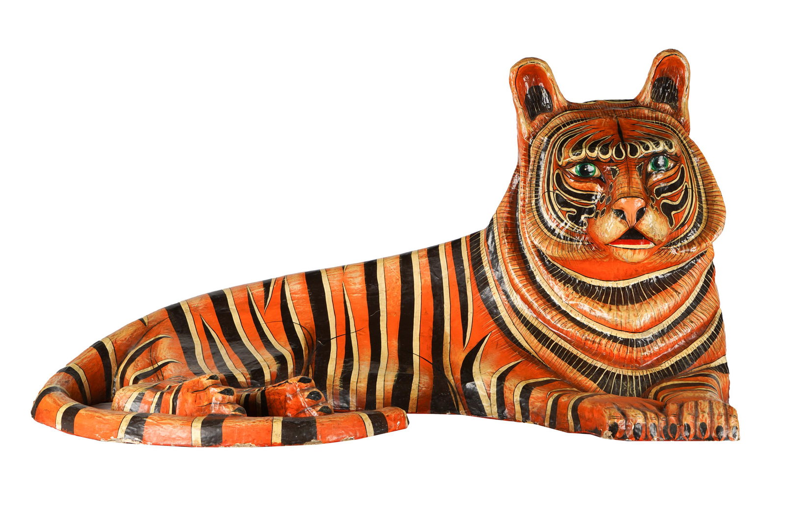 SERGIO BUSTAMANTE (B. 1949): TIGER: paper mache; Provenance: purchased Bustamante Mexico City; Condition: losses throughout to papier mache; 53 inches wide; 36 inches deep; 26 inches high