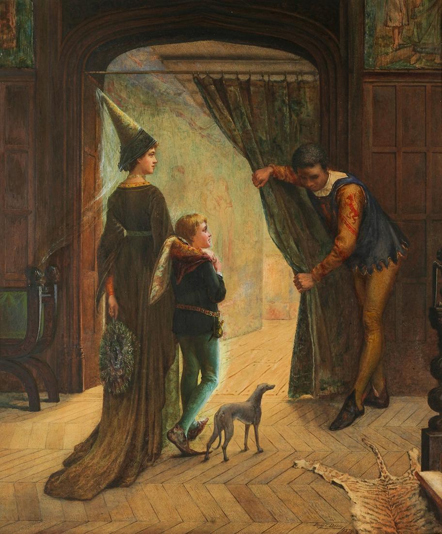 BERRY F. BERRY (FL, 1874 - 1893): MEDIEVAL INTERIOR SCENE: signed lower right and dated 1879; oil on board; signed and dated lower right; 23 3/4 x 19 3/4 inches sight; 33 x 29 inches frame