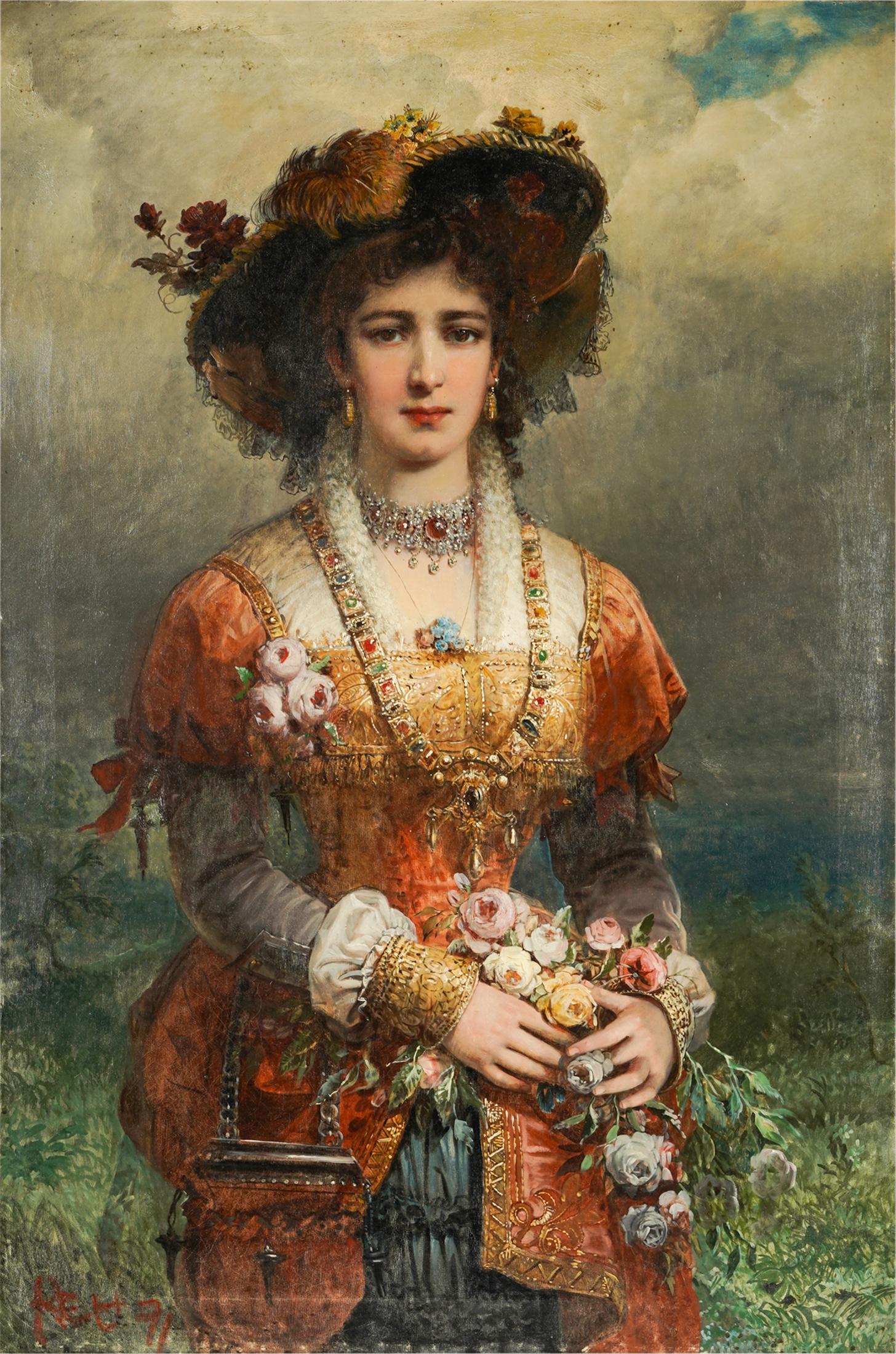 STYLE OF FRANZ RUSS II: PORTRAIT OF A LADY: depicted bedecked with jewels and flowers; oil on canvas; signed illegibly and dated "91" lower left; with plaque inscribed "FR. Russ"; the canvas stamped to verso "Anton Maurer Wien Tegetthoffstrasse