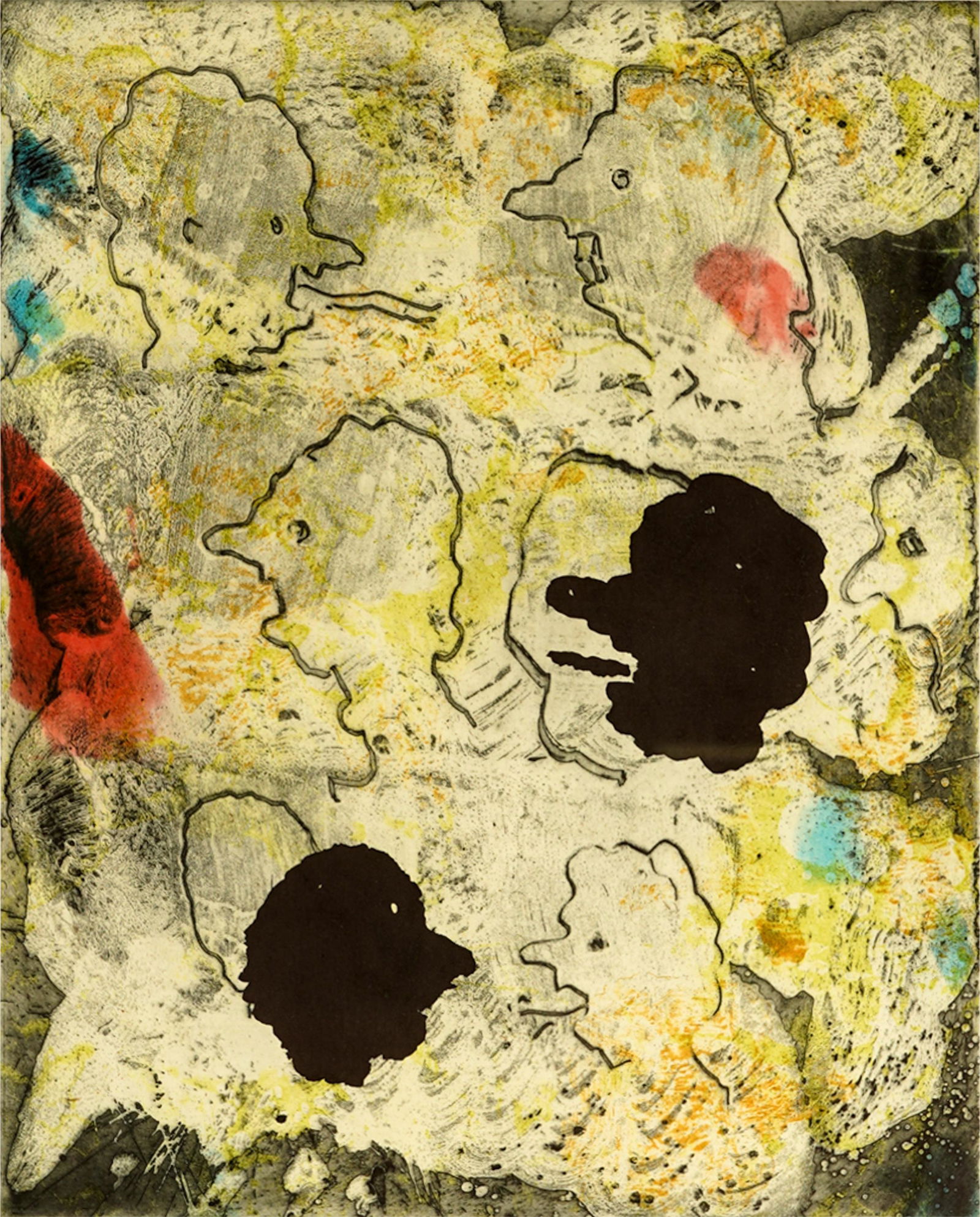 ED MOSES: PARTS-DARC: 1993; aquatint in colors with sugarlift, white ground and spitbite on paper, framed floating under acrylic; signed and dated lower right; numbered 9/35 lower left; blind stamp lower right "JS GAC / LA