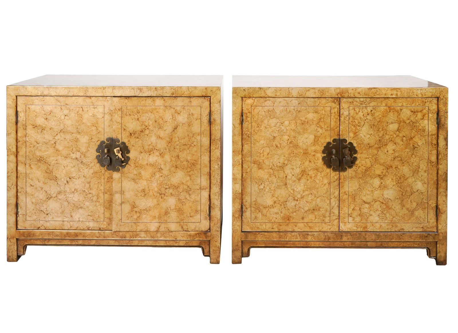 PAIR OF HENREDON "OIL DROP" ASIAN-STYLE CABINETS: signed; each with a pair of doors enclosing a drawer over an open compartment; 36 inches wide; 18 inches deep; 30 1/4 inches high
